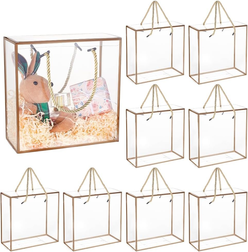 Fabbrica Scatole Regalo Trasparenti PET con Logo Personalizzato 10 Confezioni 7.8x7.8x3.5 Pollici Bordo Oro Maniglia Cordino per Festa della Mamma Compleanni Bomboniere Matrimonio Marchio Bianco