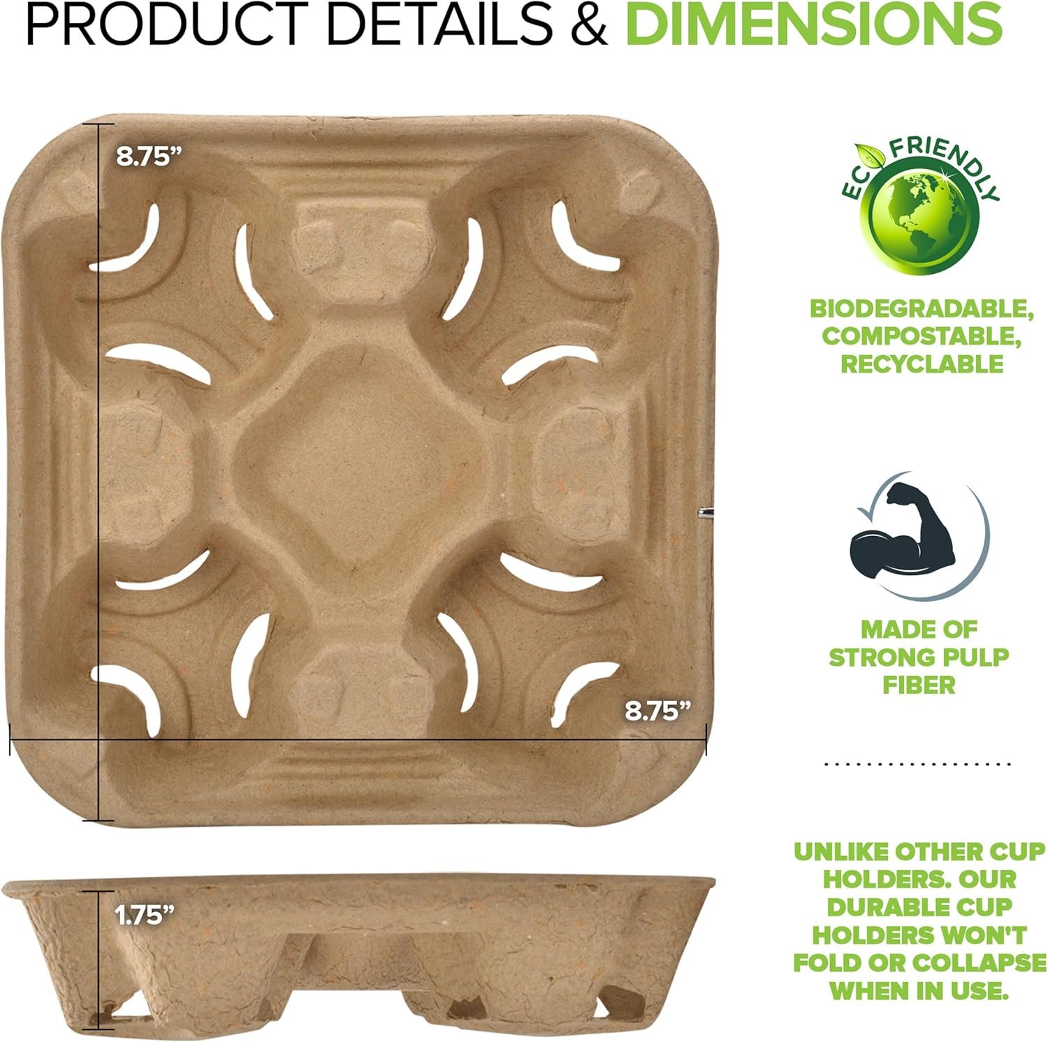 Logo Personalizzato Vassoio Portatazza Monouso 4 Tazze Caffè (75 pz) Compostabile Industrialmente dal Fornitore Marchio Bianco Resistente Bevande Calde Fredde Da Asporto Consegne Cibo