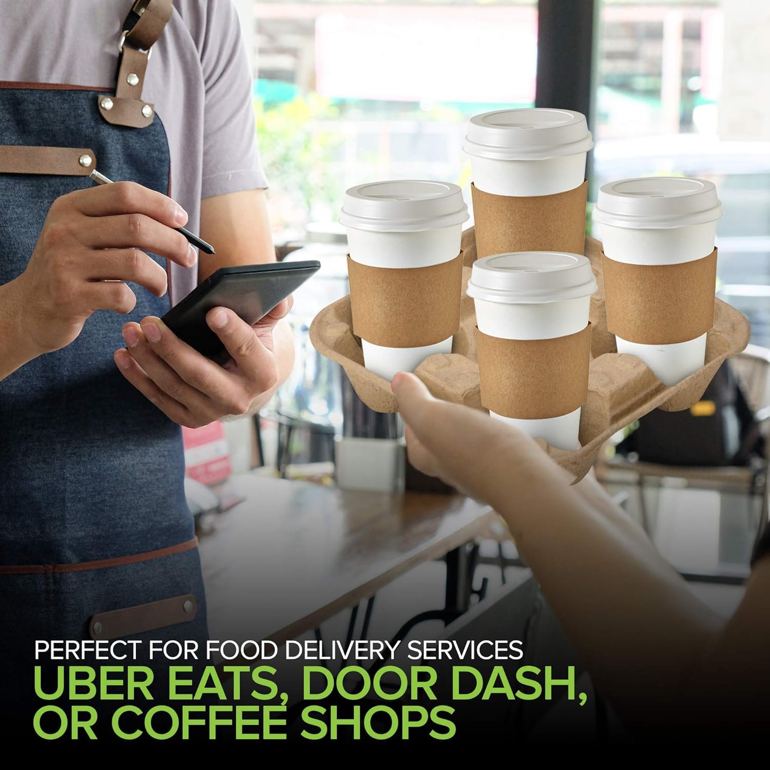 Logo Personalizzato Vassoio Portatazza Monouso 4 Tazze Caffè (75 pz) Compostabile Industrialmente dal Fornitore Marchio Bianco Resistente Bevande Calde Fredde Da Asporto Consegne Cibo