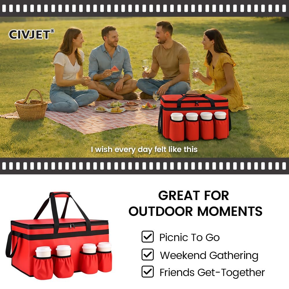 Marchio Bianco Borsa Termica Isolante XXX-Large per Consegna Cibo con 4 Portabicchieri Mantiene Alimenti Caldi/Freddi con Portabevande per Catering Commerciale con Logo Personalizzato dal Fornitore Rossa