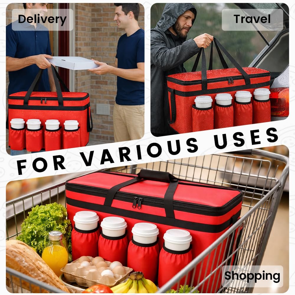 Marchio Bianco Borsa Termica Isolante XXX-Large per Consegna Cibo con 4 Portabicchieri Mantiene Alimenti Caldi/Freddi con Portabevande per Catering Commerciale con Logo Personalizzato dal Fornitore Rossa