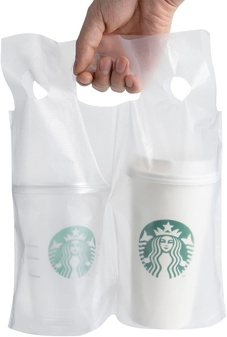 Produttore Sacchetti in Plastica Trasparente Portabevande 2 Bicchieri fino 32oz Confezione da 100 Logo Personalizzato Marchio Bianco Monouso per Consegne Asporto