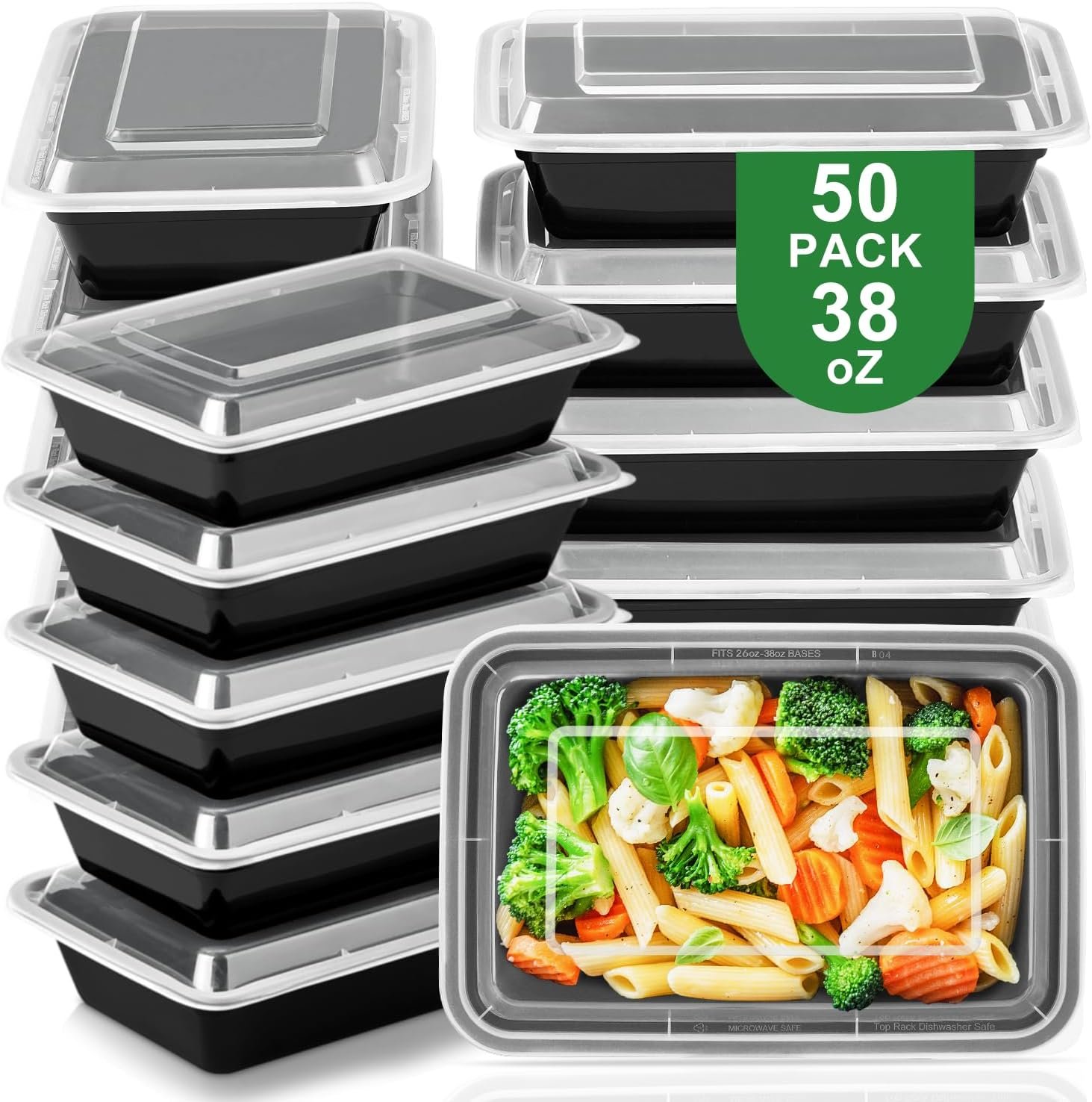 Produttore Contenitori Meal Prep con Logo Personalizzato Confezione da 50 38oz con Coperchi Senza BPA Riutilizzabili a Tenuta Stagna Adatti Microonde Lavastoviglie Congelatore Marchio Bianco Nero