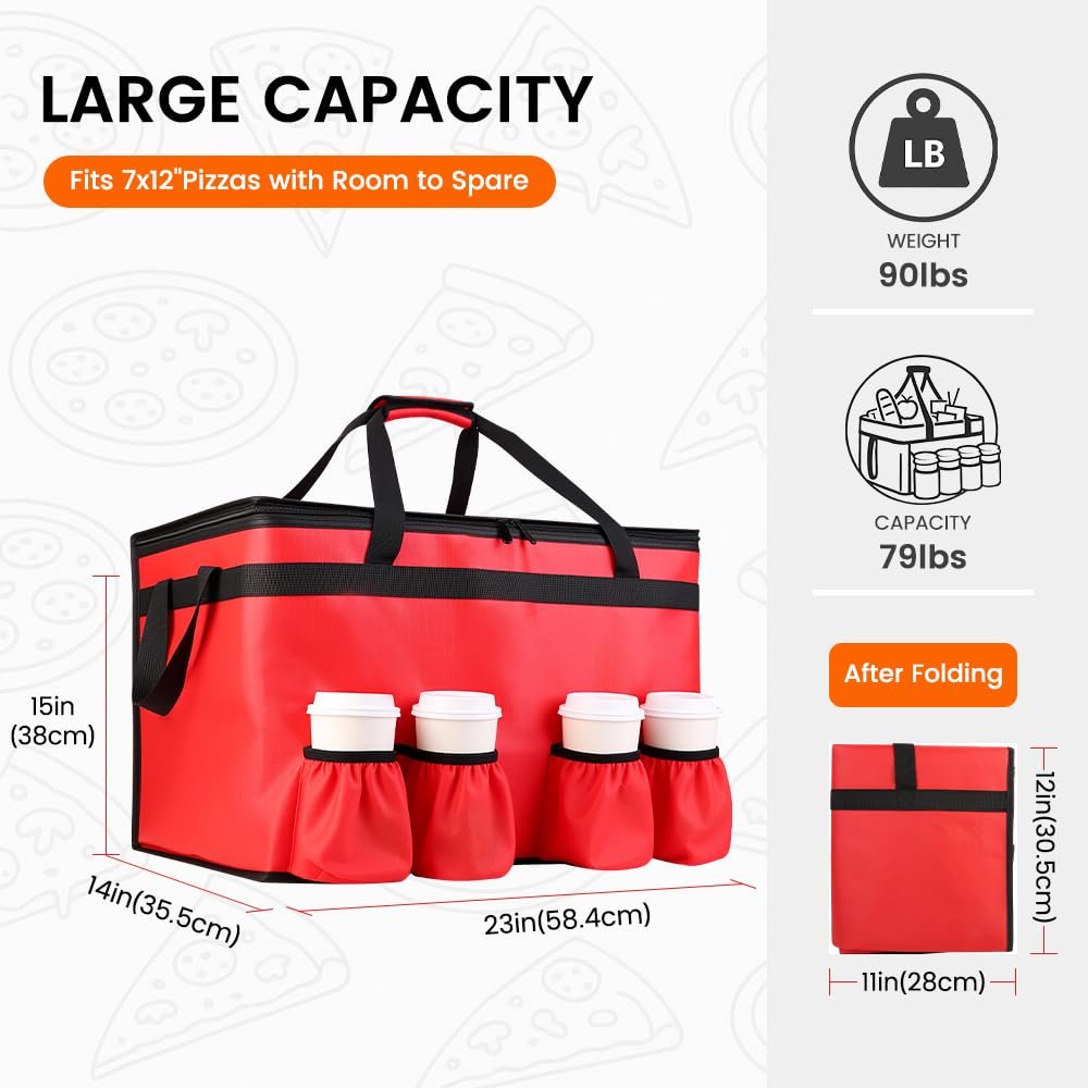 Logo Personalizzato Borsa Termica per Consegna Cibo 4 Portabicchieri Rinforzo Fondo XXX-Large Marchio Bianco Mantiene Alimenti Caldo/Freddo Portabevande Catering Eventi Rossa del Produttore