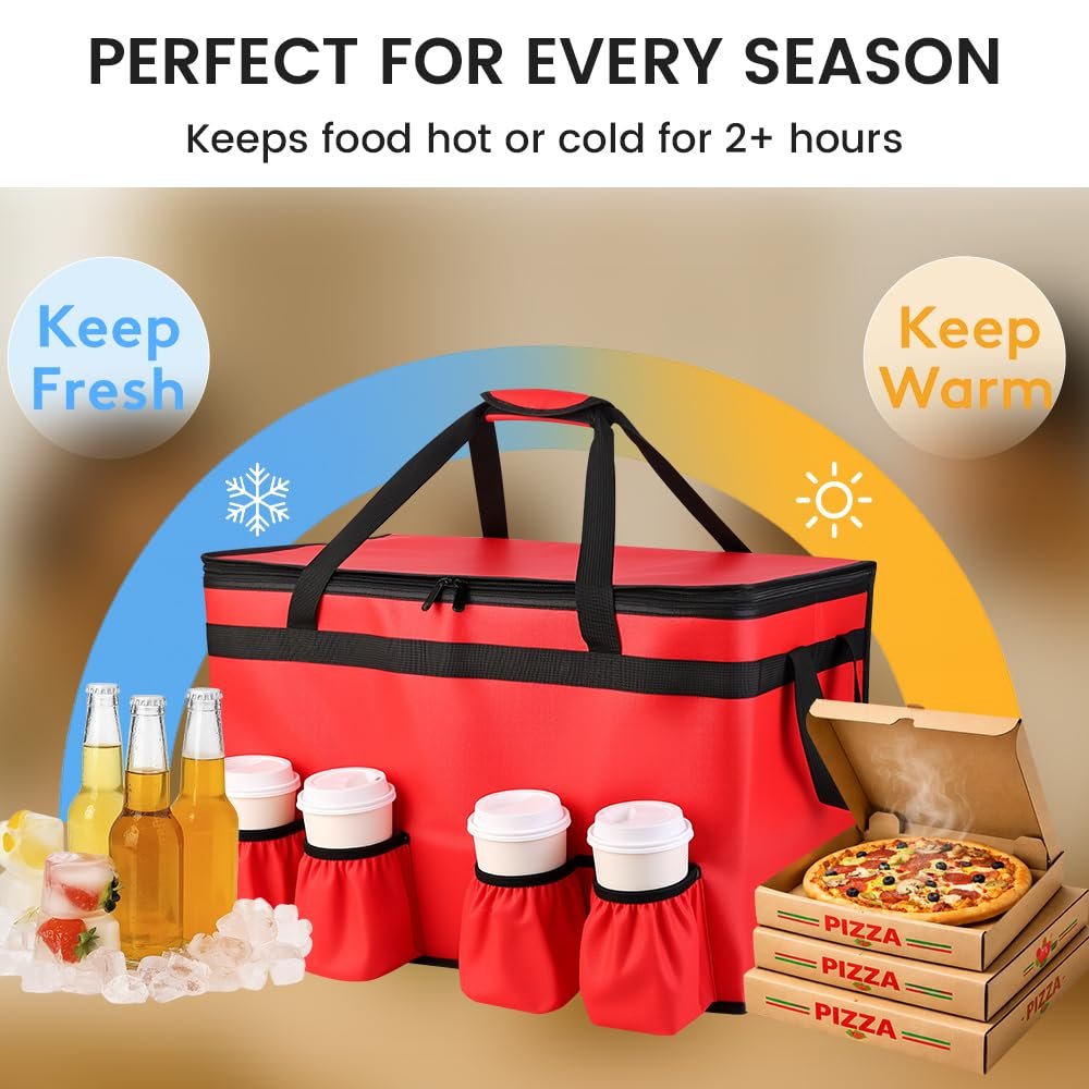 Logo Personalizzato Borsa Termica per Consegna Cibo 4 Portabicchieri Rinforzo Fondo XXX-Large Marchio Bianco Mantiene Alimenti Caldo/Freddo Portabevande Catering Eventi Rossa del Produttore