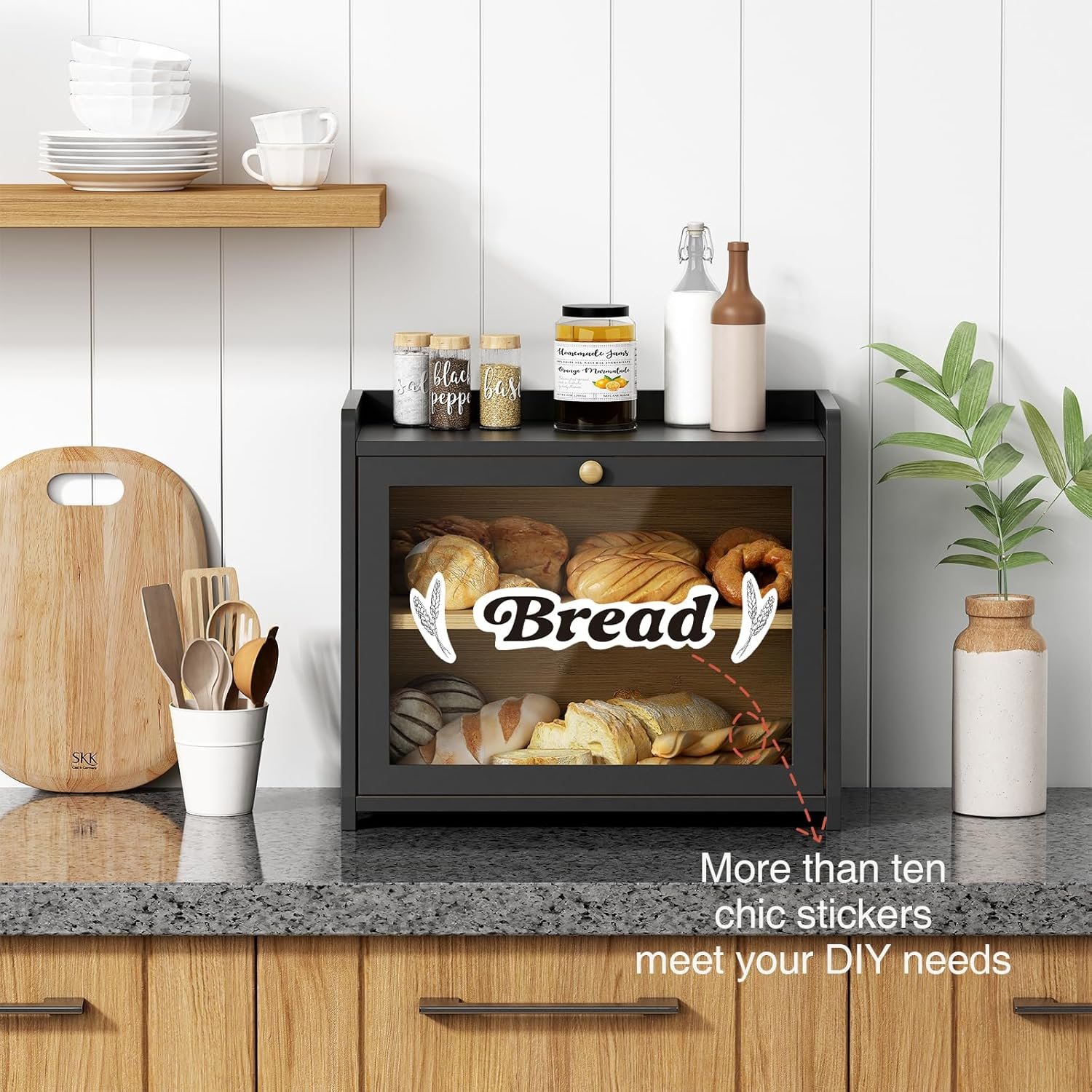 Produttore Portapane a Doppio Livello per Piano Cucina, Contenitore Grande 2 Ripiani Legno Farmhouse Vintage con Logo Personalizzato per Pane Casalingo Marchio Bianco Nero
