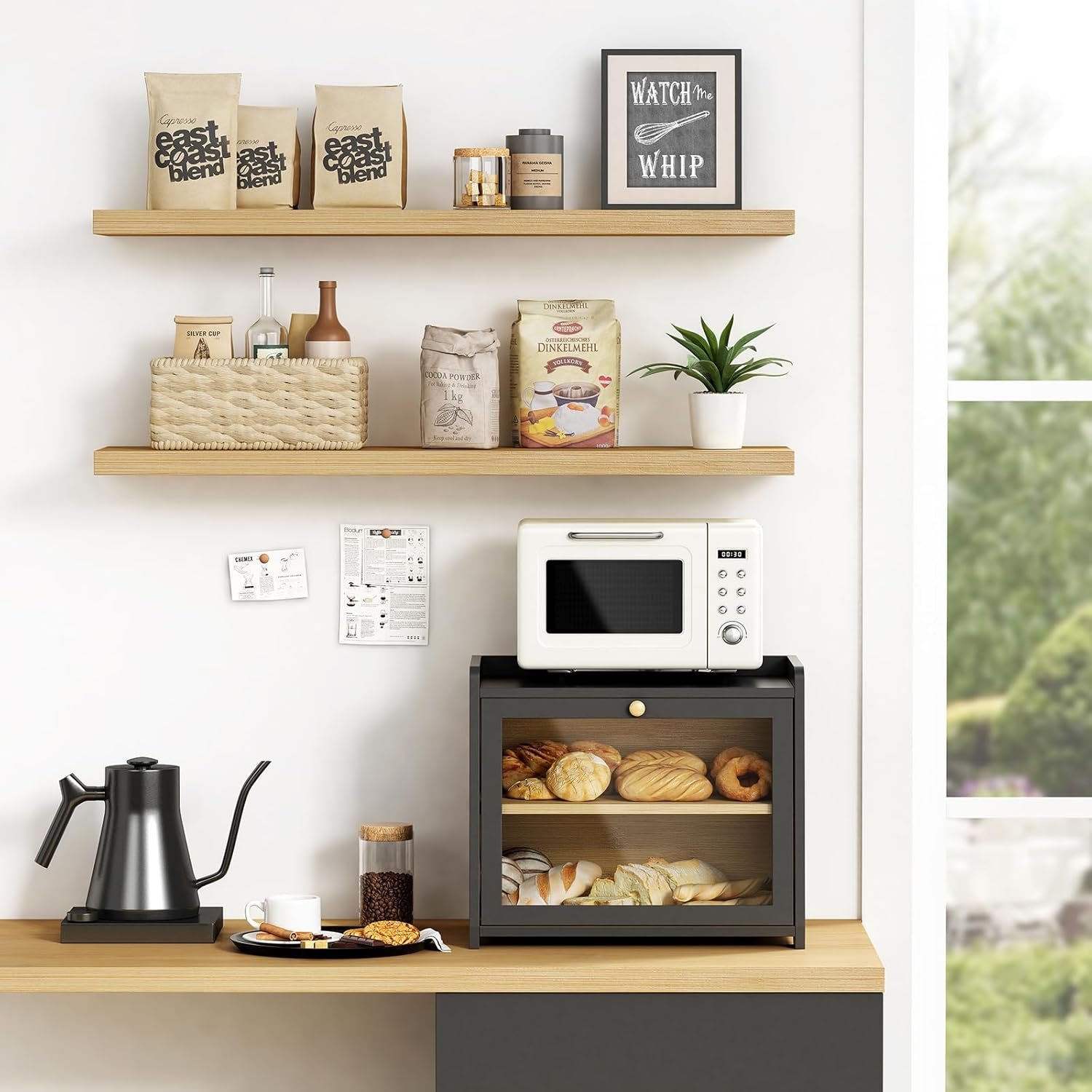 Produttore Portapane a Doppio Livello per Piano Cucina, Contenitore Grande 2 Ripiani Legno Farmhouse Vintage con Logo Personalizzato per Pane Casalingo Marchio Bianco Nero