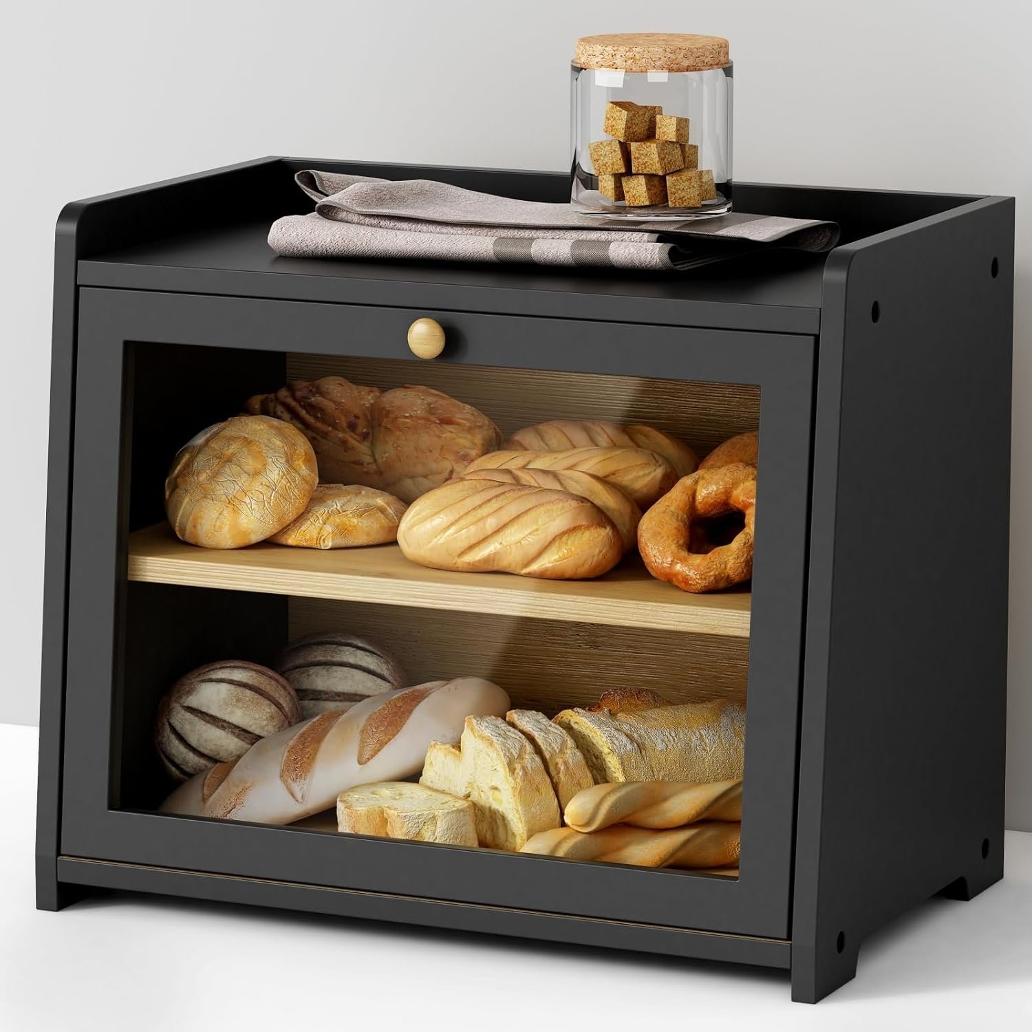 Produttore Portapane a Doppio Livello per Piano Cucina, Contenitore Grande 2 Ripiani Legno Farmhouse Vintage con Logo Personalizzato per Pane Casalingo Marchio Bianco Nero