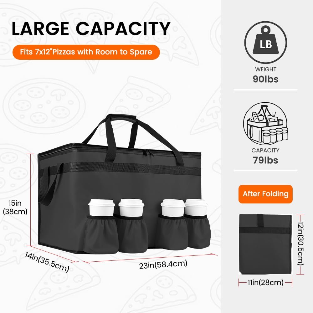 Logo Personalizzato Borsa Termica per Consegna Cibo con 4 Portabicchieri XXX-Large Marchio Bianco Mantiene Alimenti Caldi/Freddi per Catering con Porta Bevande Scaldavivande Commerciale Trasporto Spesa del Fornitore Nero