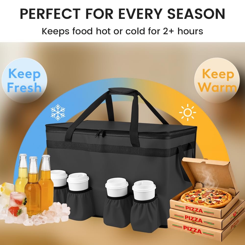 Logo Personalizzato Borsa Termica per Consegna Cibo con 4 Portabicchieri XXX-Large Marchio Bianco Mantiene Alimenti Caldi/Freddi per Catering con Porta Bevande Scaldavivande Commerciale Trasporto Spesa del Fornitore Nero