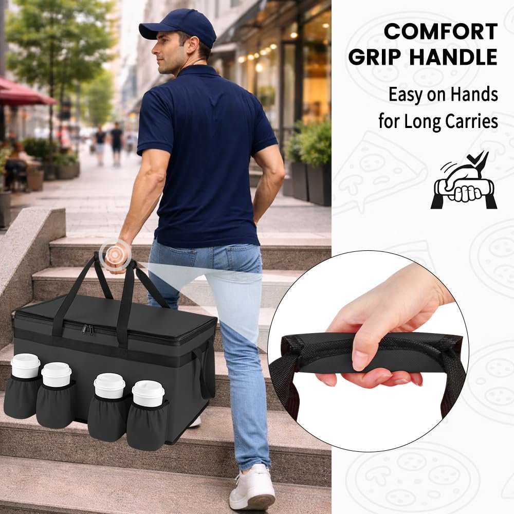 Logo Personalizzato Borsa Termica per Consegna Cibo con 4 Portabicchieri XXX-Large Marchio Bianco Mantiene Alimenti Caldi/Freddi per Catering con Porta Bevande Scaldavivande Commerciale Trasporto Spesa del Fornitore Nero