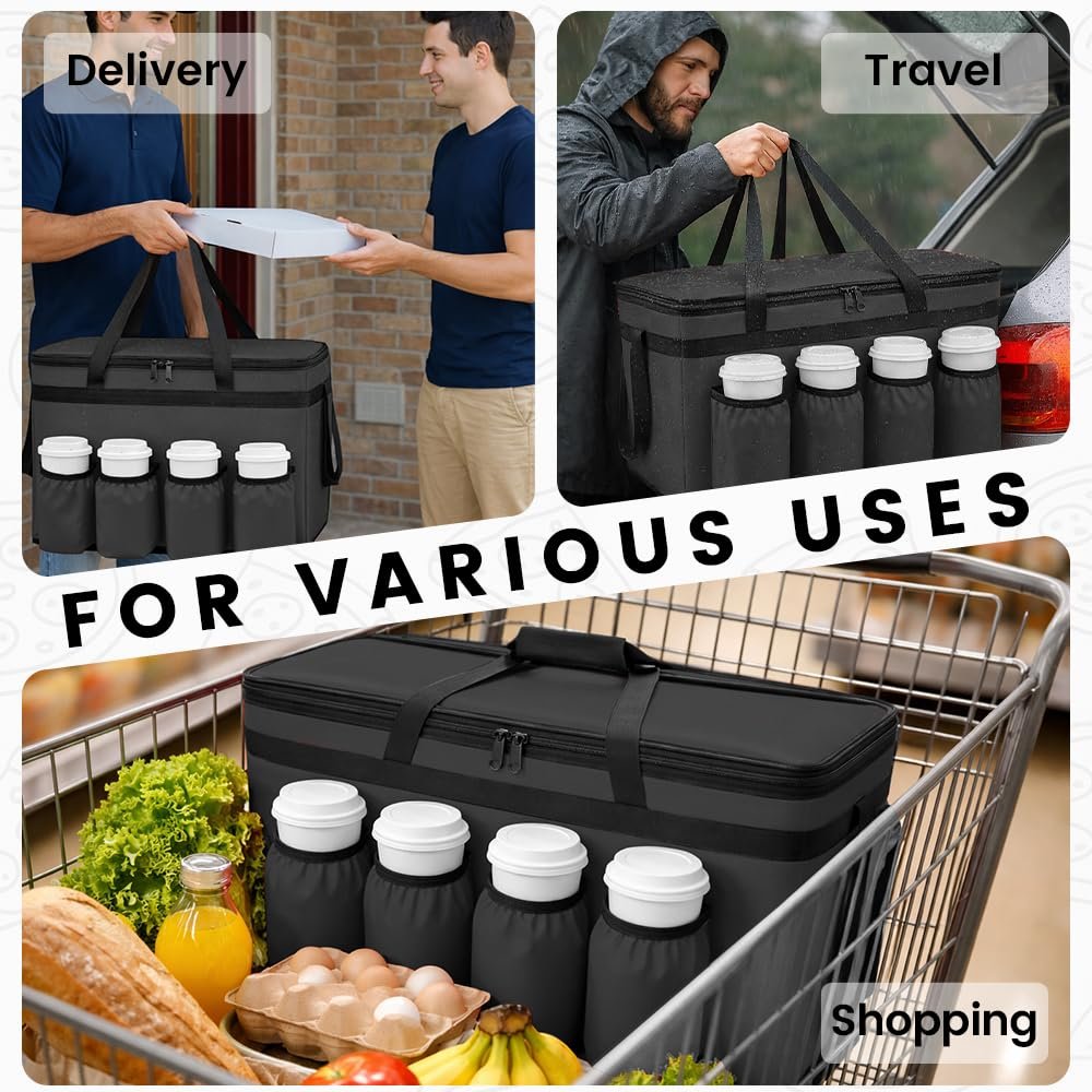 Logo Personalizzato Borsa Termica per Consegna Cibo con 4 Portabicchieri XXX-Large Marchio Bianco Mantiene Alimenti Caldi/Freddi per Catering con Porta Bevande Scaldavivande Commerciale Trasporto Spesa del Fornitore Nero
