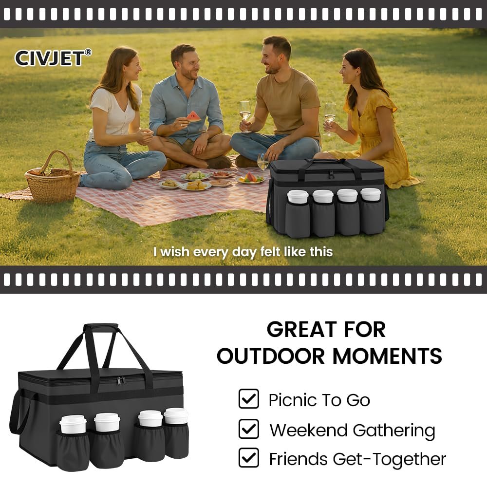 Logo Personalizzato Borsa Termica per Consegna Cibo con 4 Portabicchieri XXX-Large Marchio Bianco Mantiene Alimenti Caldi/Freddi per Catering con Porta Bevande Scaldavivande Commerciale Trasporto Spesa del Fornitore Nero