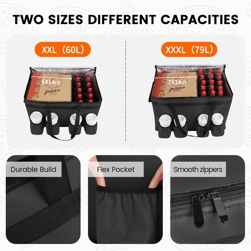 Logo Personalizzato Borsa Termica per Consegna Cibo con 4 Portabicchieri XXX-Large Marchio Bianco Mantiene Alimenti Caldi/Freddi per Catering con Porta Bevande Scaldavivande Commerciale Trasporto Spesa del Fornitore Nero
