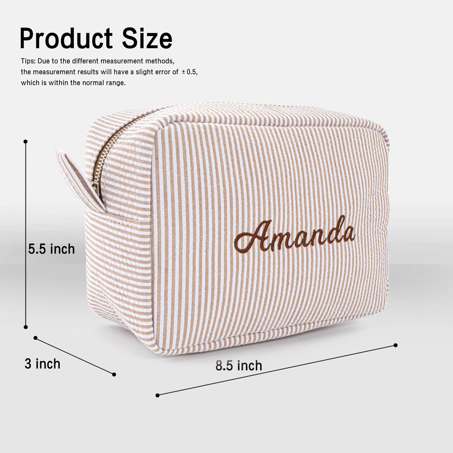 Produttore Borsa da Trucco Seersucker Preppy per Donne Ragazze Damigelle Marchio Bianco con Logo Personalizzato (Marrone)