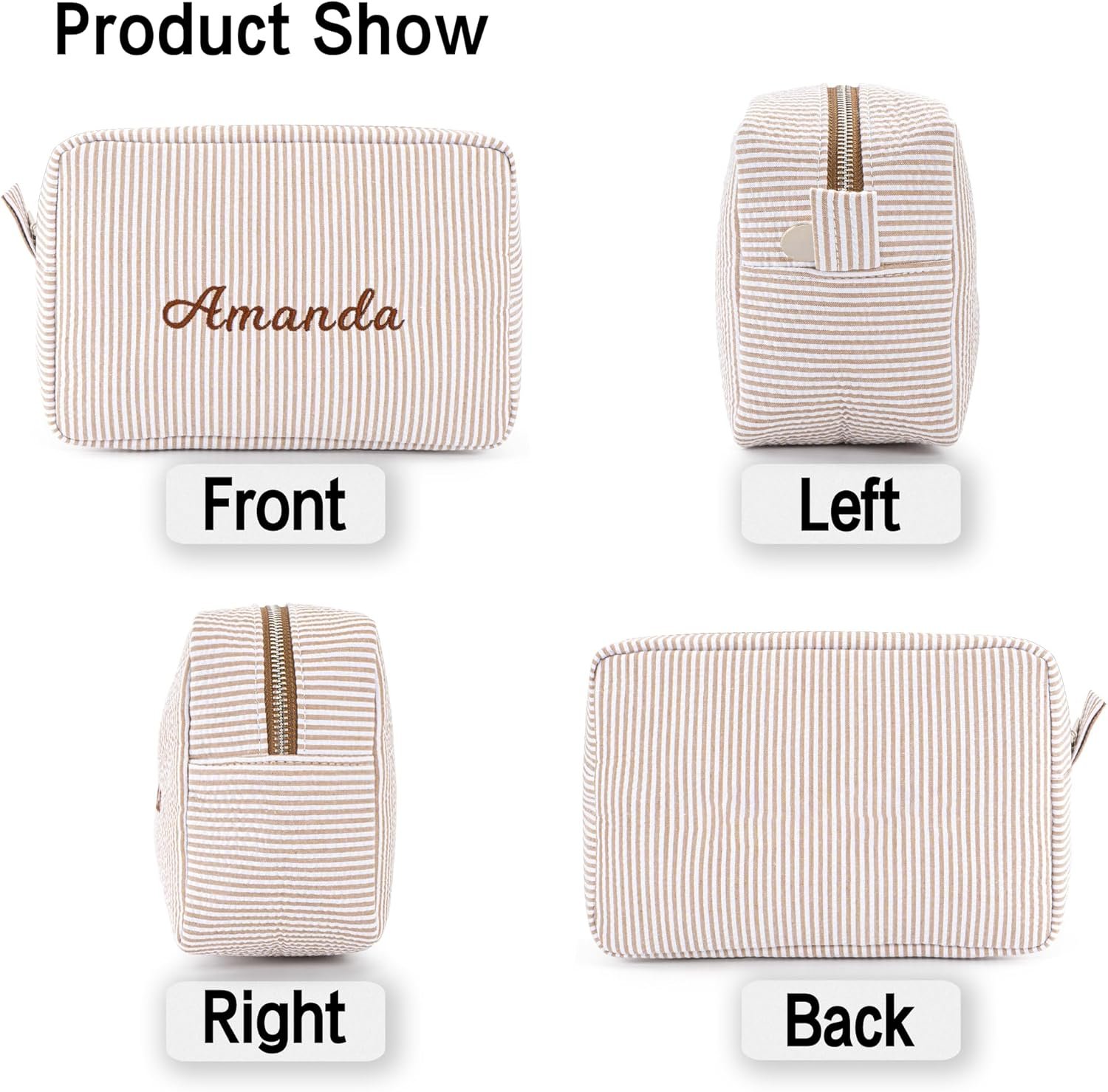 Produttore Borsa da Trucco Seersucker Preppy per Donne Ragazze Damigelle Marchio Bianco con Logo Personalizzato (Marrone)