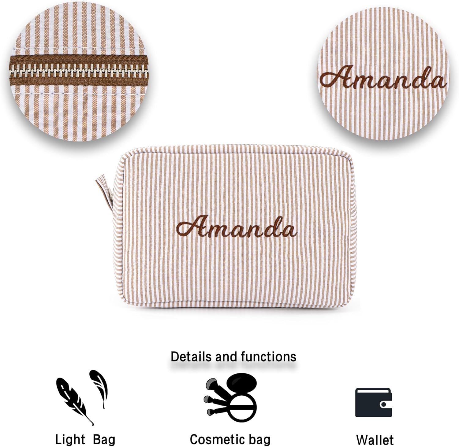 Produttore Borsa da Trucco Seersucker Preppy per Donne Ragazze Damigelle Marchio Bianco con Logo Personalizzato (Marrone)