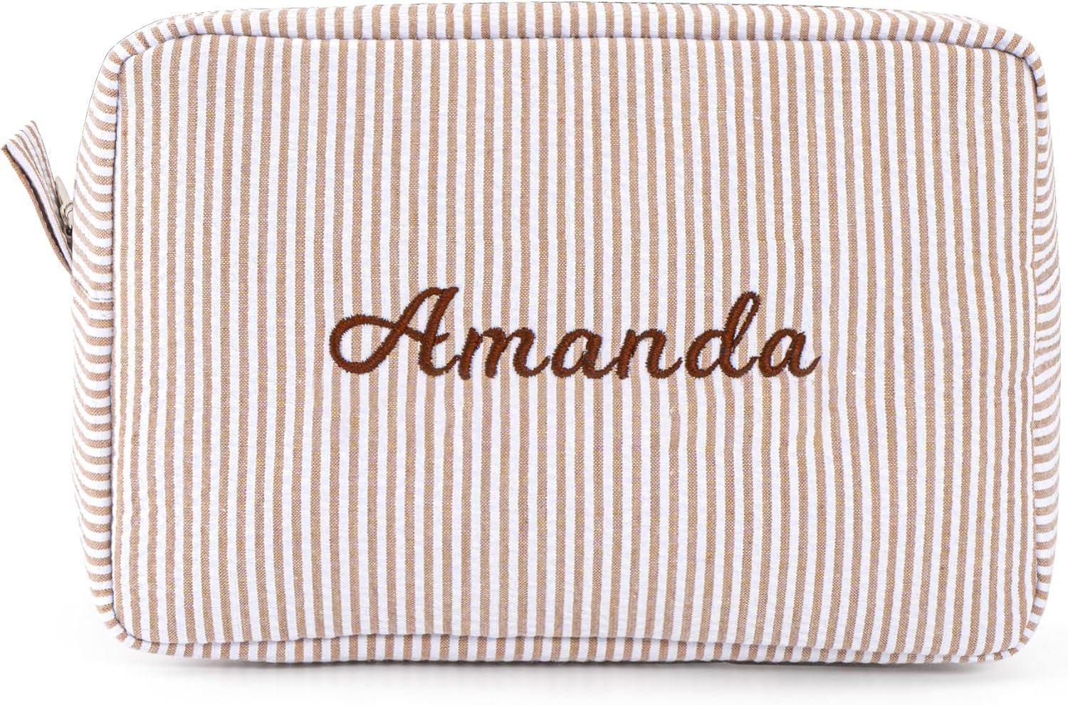 Produttore Borsa da Trucco Seersucker Preppy per Donne Ragazze Damigelle Marchio Bianco con Logo Personalizzato (Marrone)