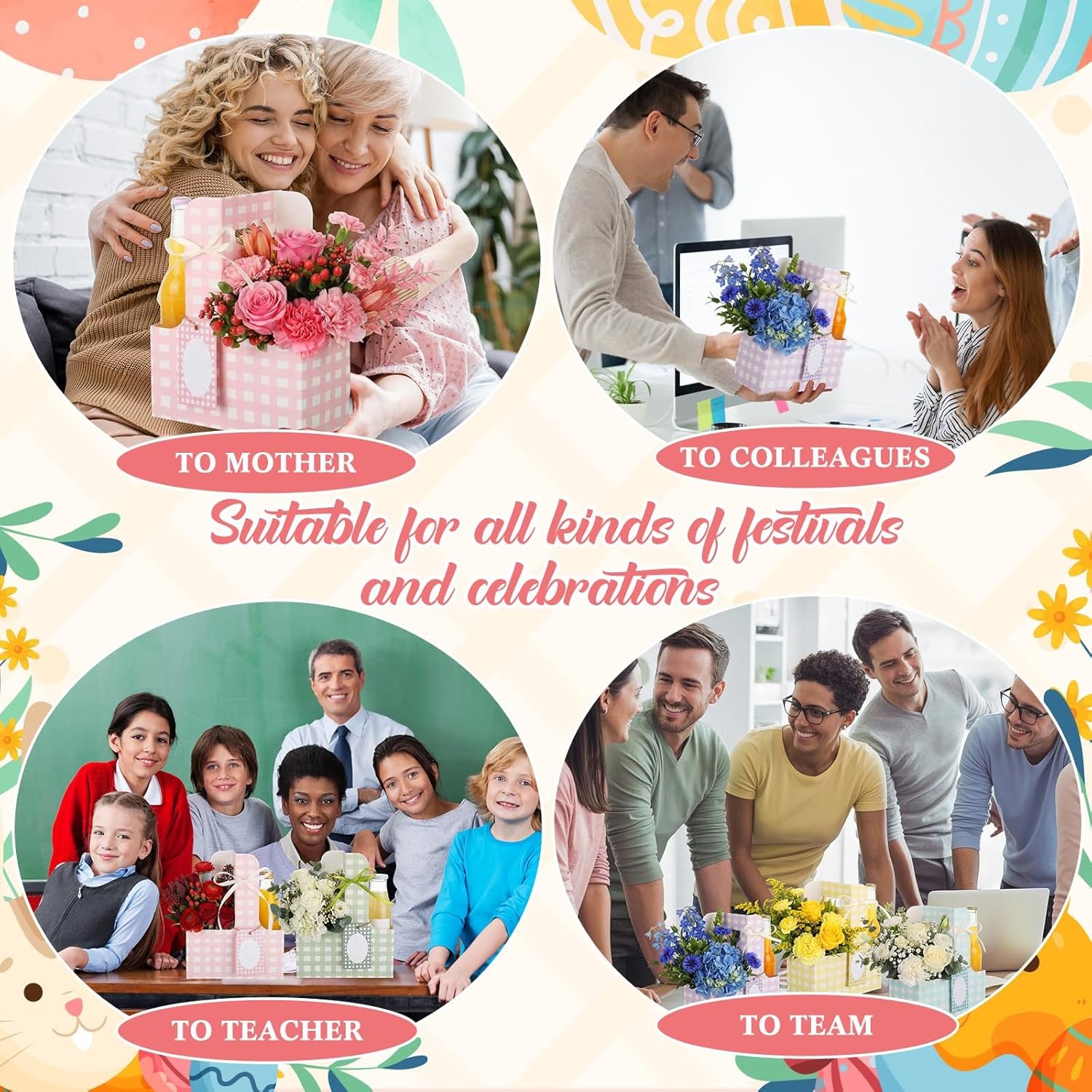 Logo Personalizzato 24 Set Portabevande per 2 Bicchieri con Manici Gingham Pasquale Pastello Produttore Articoli Feste Regali Donne Matrimoni Compleanni Marchio Bianco