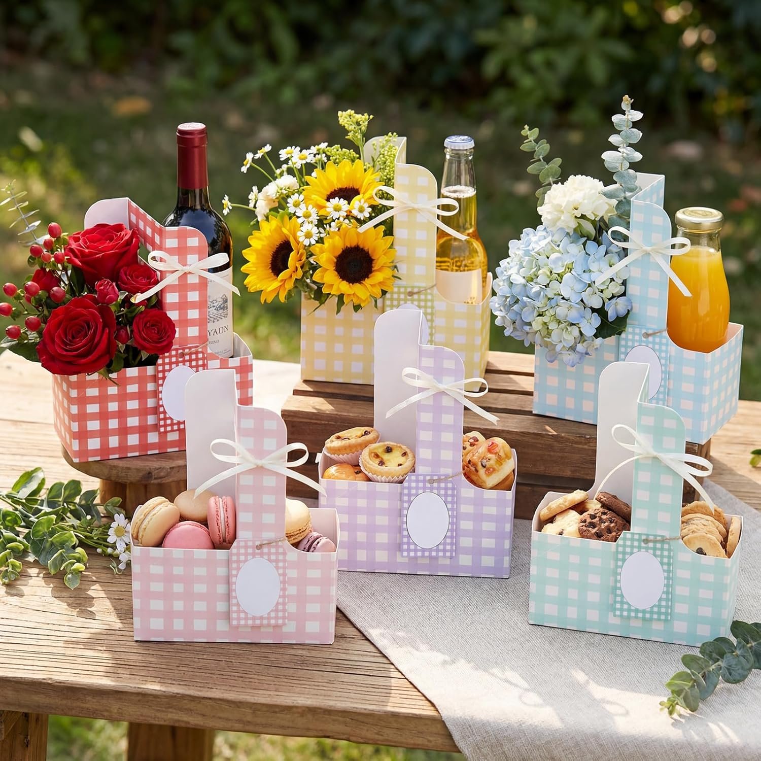 Logo Personalizzato 24 Set Portabevande per 2 Bicchieri con Manici Gingham Pasquale Pastello Produttore Articoli Feste Regali Donne Matrimoni Compleanni Marchio Bianco