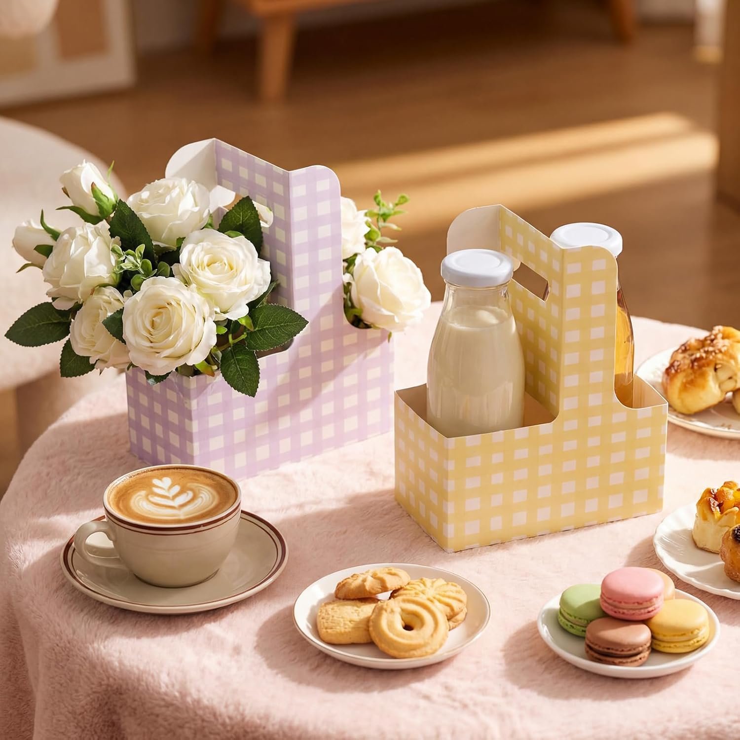 Logo Personalizzato 24 Set Portabevande per 2 Bicchieri con Manici Gingham Pasquale Pastello Produttore Articoli Feste Regali Donne Matrimoni Compleanni Marchio Bianco