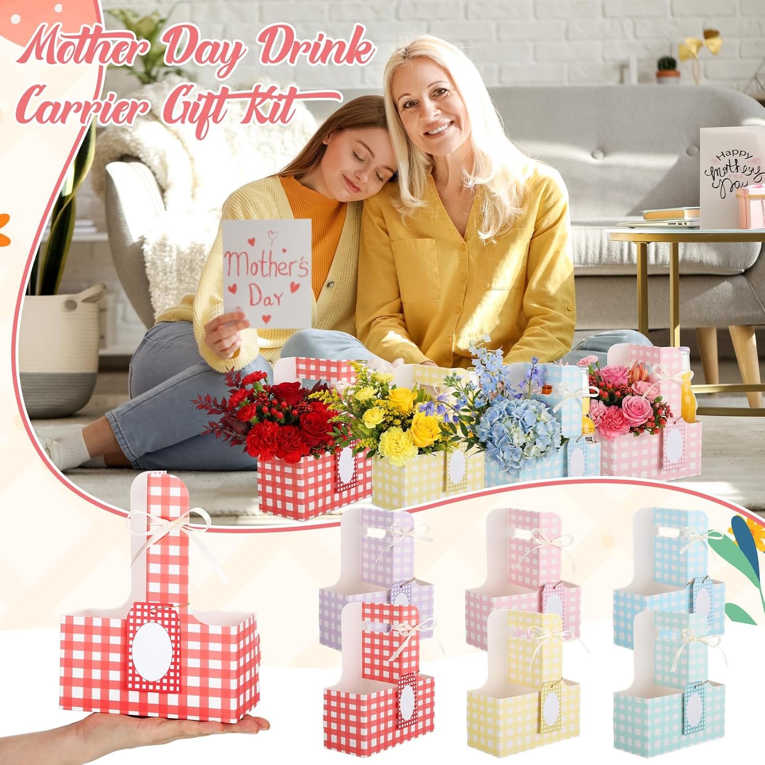 Logo Personalizzato 24 Set Portabevande per 2 Bicchieri con Manici Gingham Pasquale Pastello Produttore Articoli Feste Regali Donne Matrimoni Compleanni Marchio Bianco