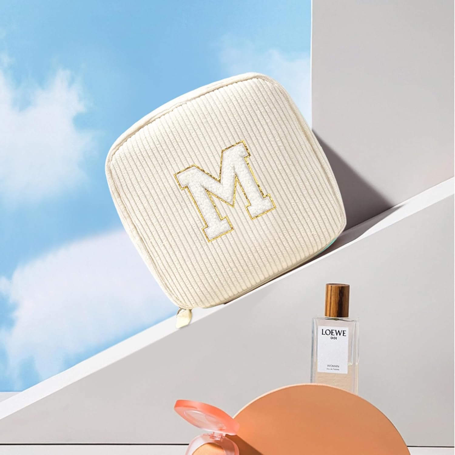 Marchio Bianco Borsa Trucco Piccola con Monogramma Iniziale Corduroy Preppy Borsa Viaggio Necessaire Pochette Carina Regali Compleanno per Donne Mamma Fidanzata Moglie Sorella Insegnante Damigella con Logo Personalizzato dal Produttore