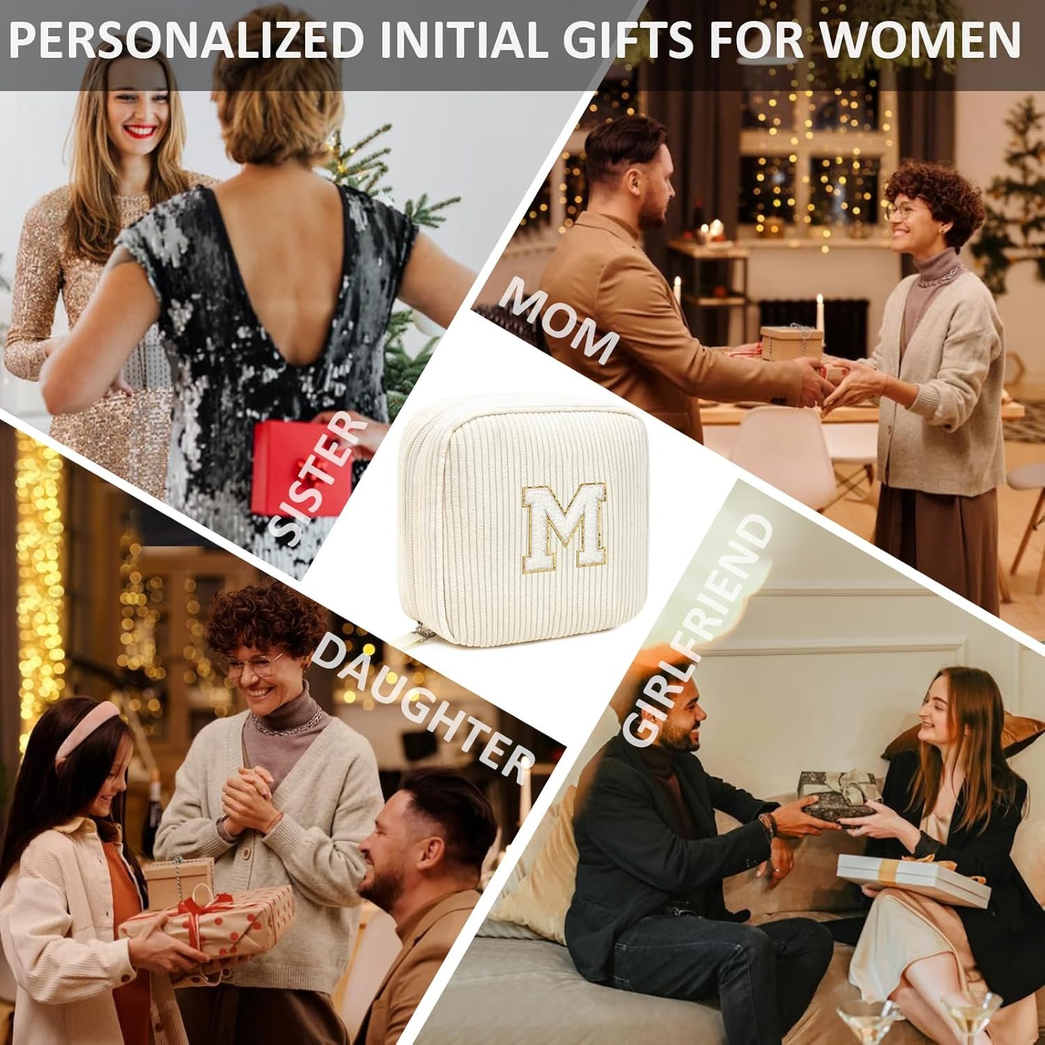 Marchio Bianco Borsa Trucco Piccola con Monogramma Iniziale Corduroy Preppy Borsa Viaggio Necessaire Pochette Carina Regali Compleanno per Donne Mamma Fidanzata Moglie Sorella Insegnante Damigella con Logo Personalizzato dal Produttore