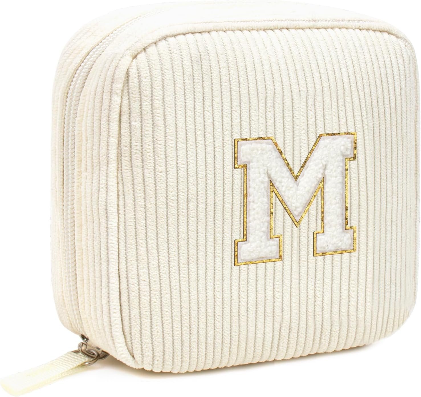 Marchio Bianco Borsa Trucco Piccola con Monogramma Iniziale Corduroy Preppy Borsa Viaggio Necessaire Pochette Carina Regali Compleanno per Donne Mamma Fidanzata Moglie Sorella Insegnante Damigella con Logo Personalizzato dal Produttore