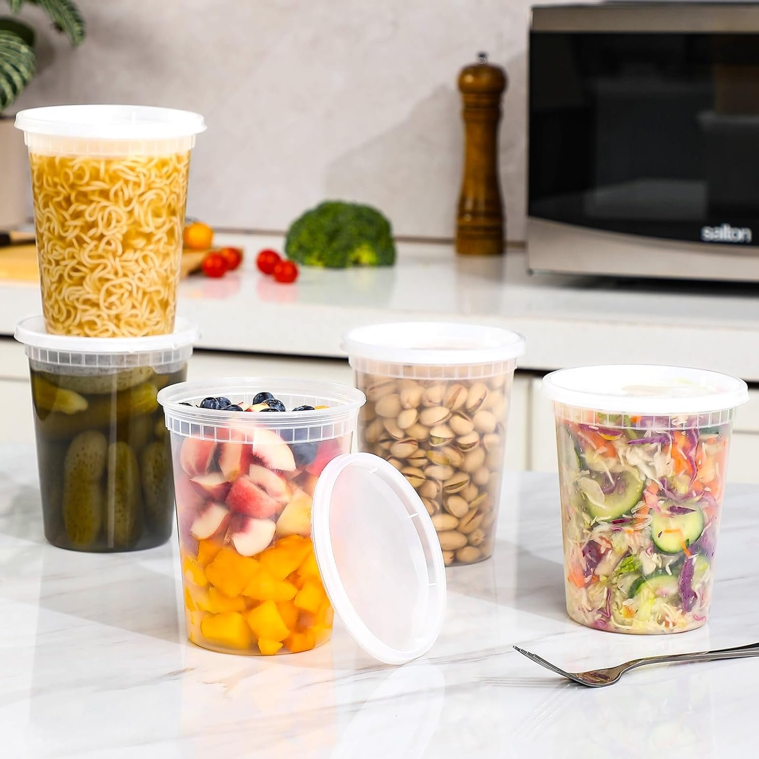 Marchio Bianco 20 Set Contenitori Deli in Plastica da 32 oz con Coperchi Ermetici con Logo Personalizzato Sicuri per Congelatore/Lavastoviglie/Microonde per Zuppe Asporto Preparazione Pasti dal Produttore