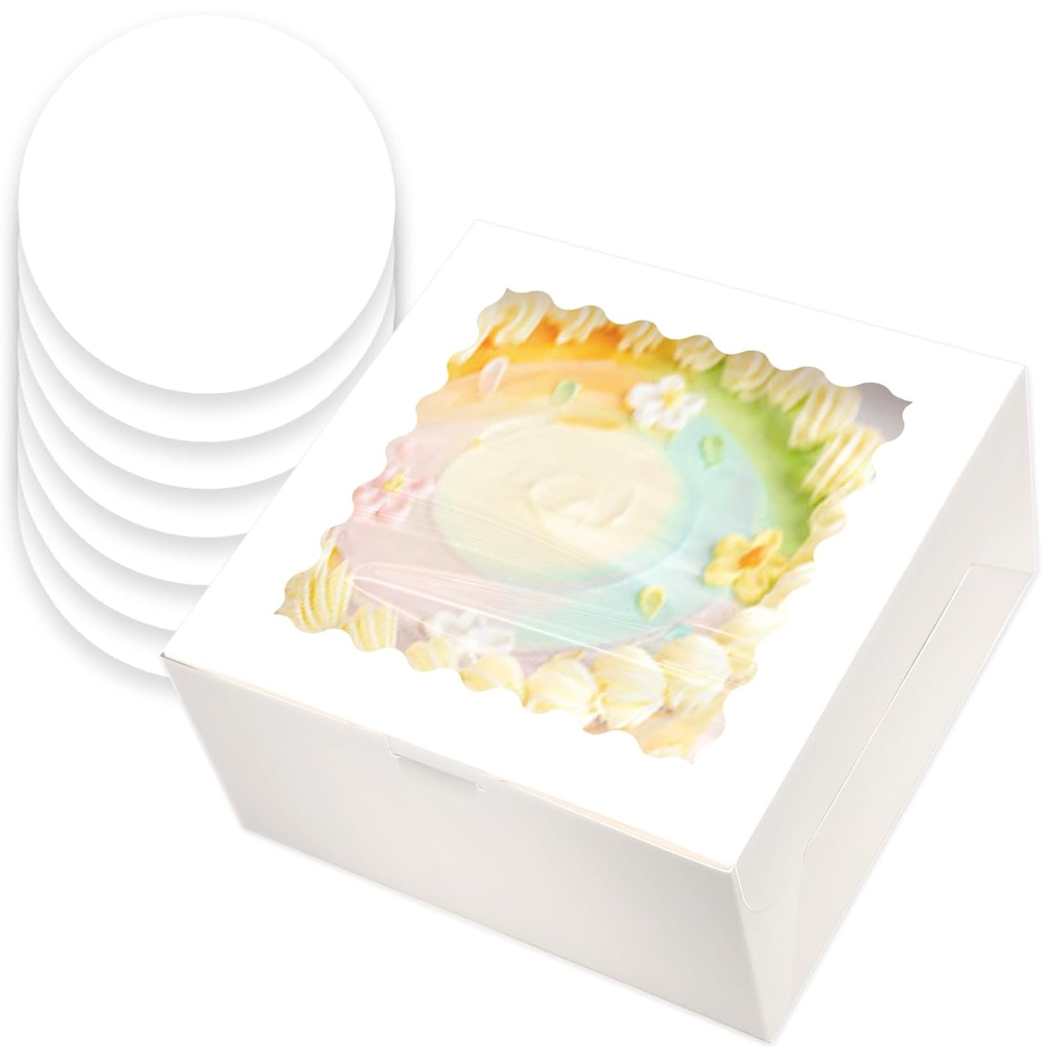 Produttore Scatole per Torte Bianche 8x8x5 con Logo Personalizzato 4 Set con Finestra e 4 Set Basi Rotonde Bianche 8" Marchio Bianco