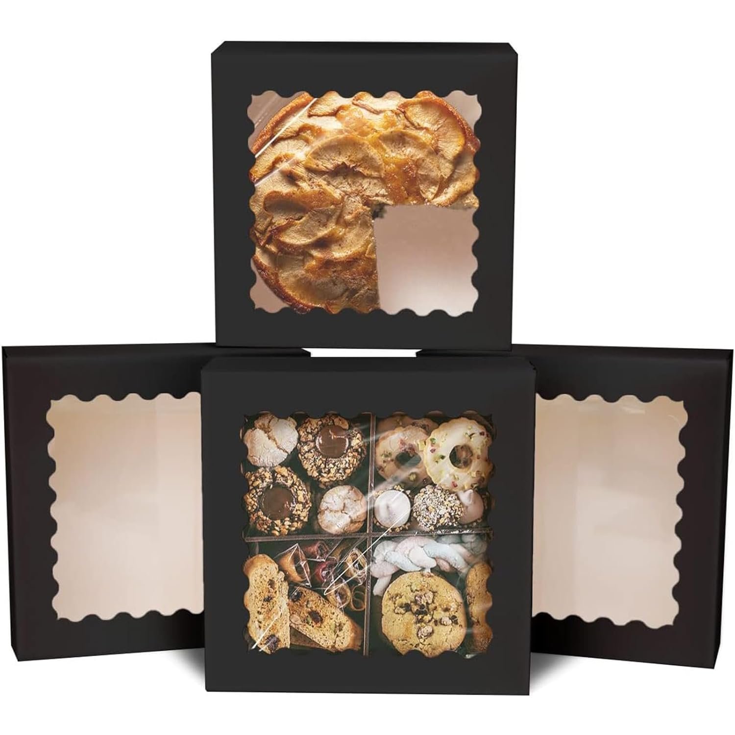 Marchio Bianco Scatole Pop-Up Automatiche Nere con Finestra 10x10x2.5 pollici 30 Pezzi per Torte Biscotti Donut Pasticceria Logo Personalizzato Produttore