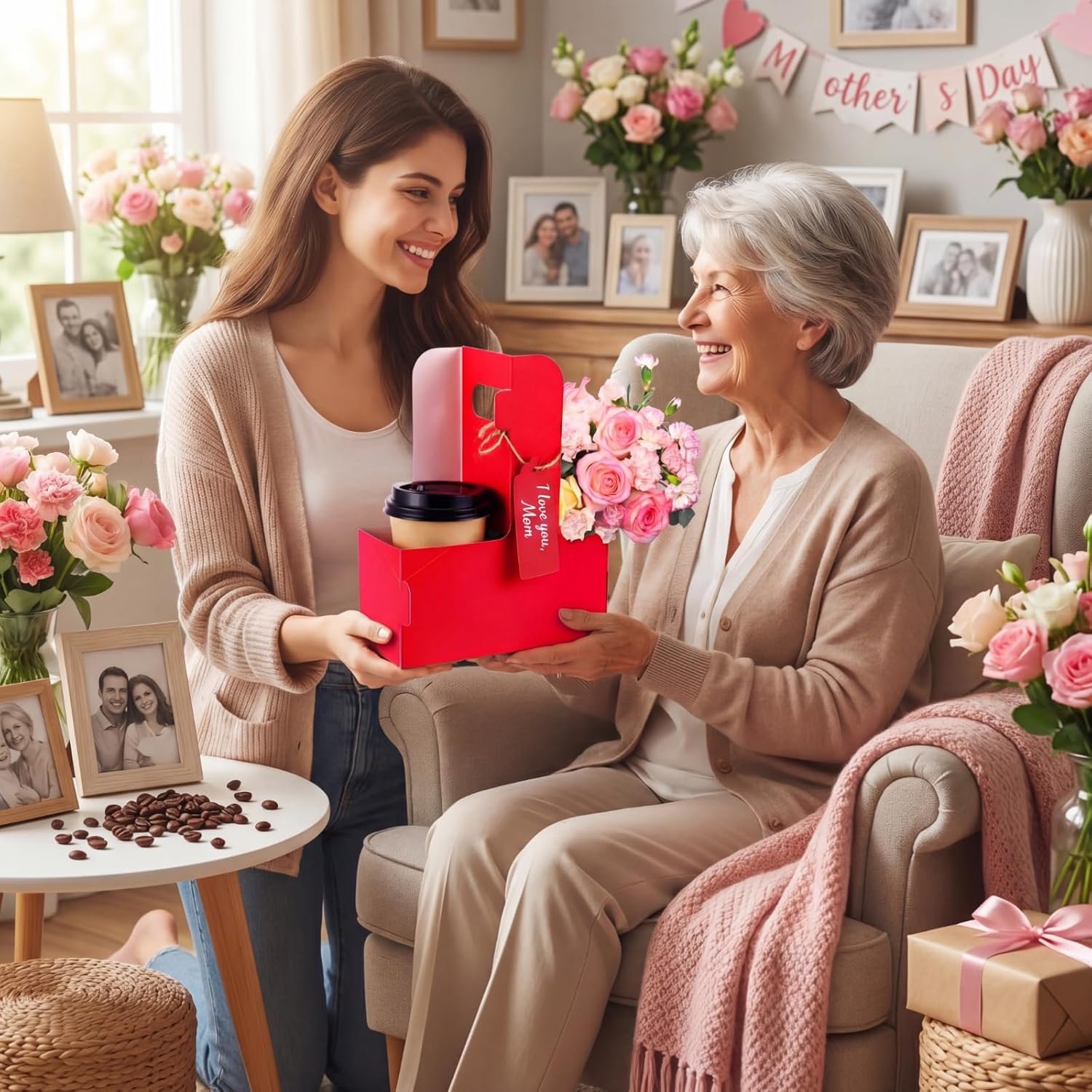 Produttore Portabicchieri per 2 Tazze con Logo Personalizzato Confezione da 50 con Manico in Cartone Kraft Portatile per Bevande Calde e Fredde con Corda e Cartolina Cuore Marchio Bianco (Rosso Rosa)