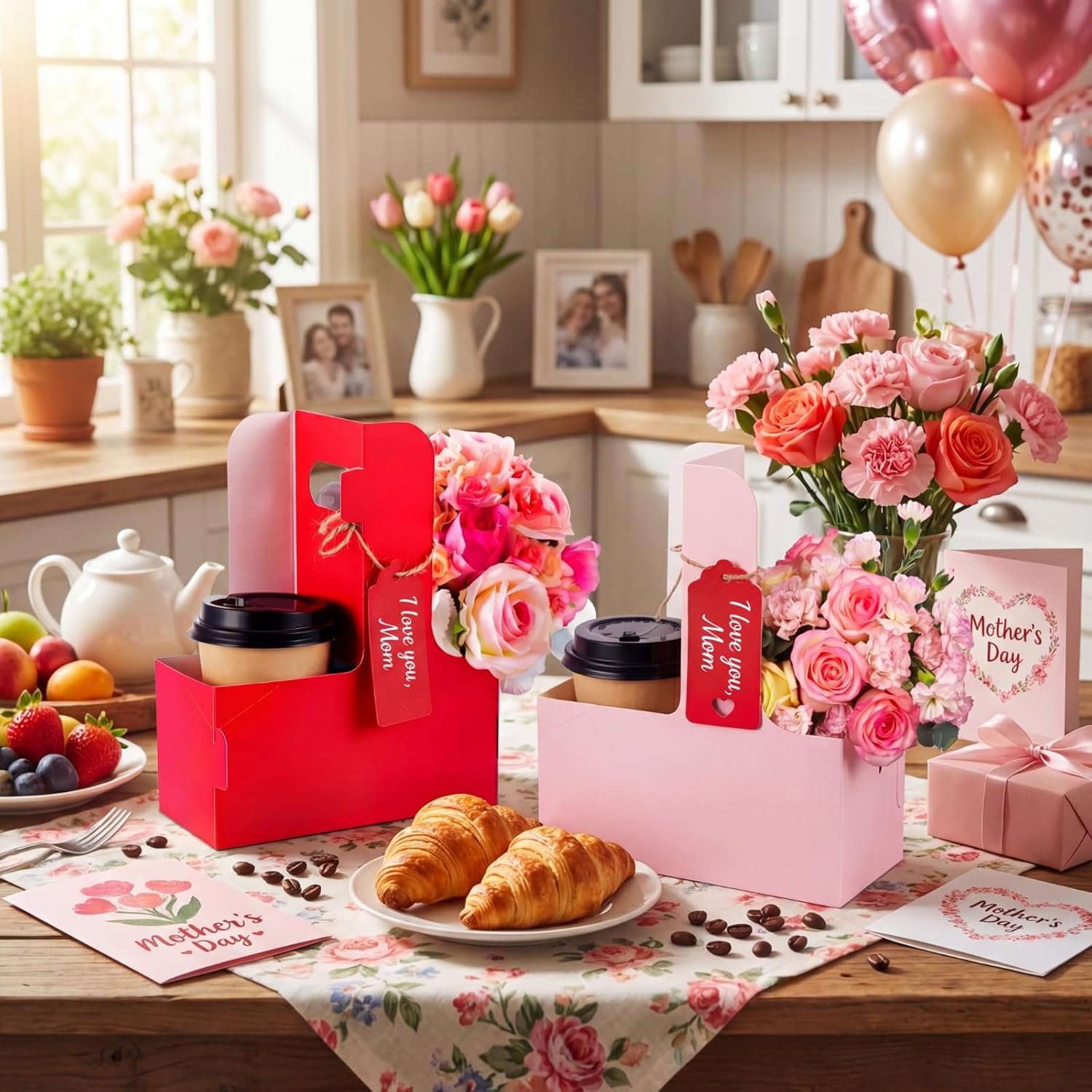 Produttore Portabicchieri per 2 Tazze con Logo Personalizzato Confezione da 50 con Manico in Cartone Kraft Portatile per Bevande Calde e Fredde con Corda e Cartolina Cuore Marchio Bianco (Rosso Rosa)