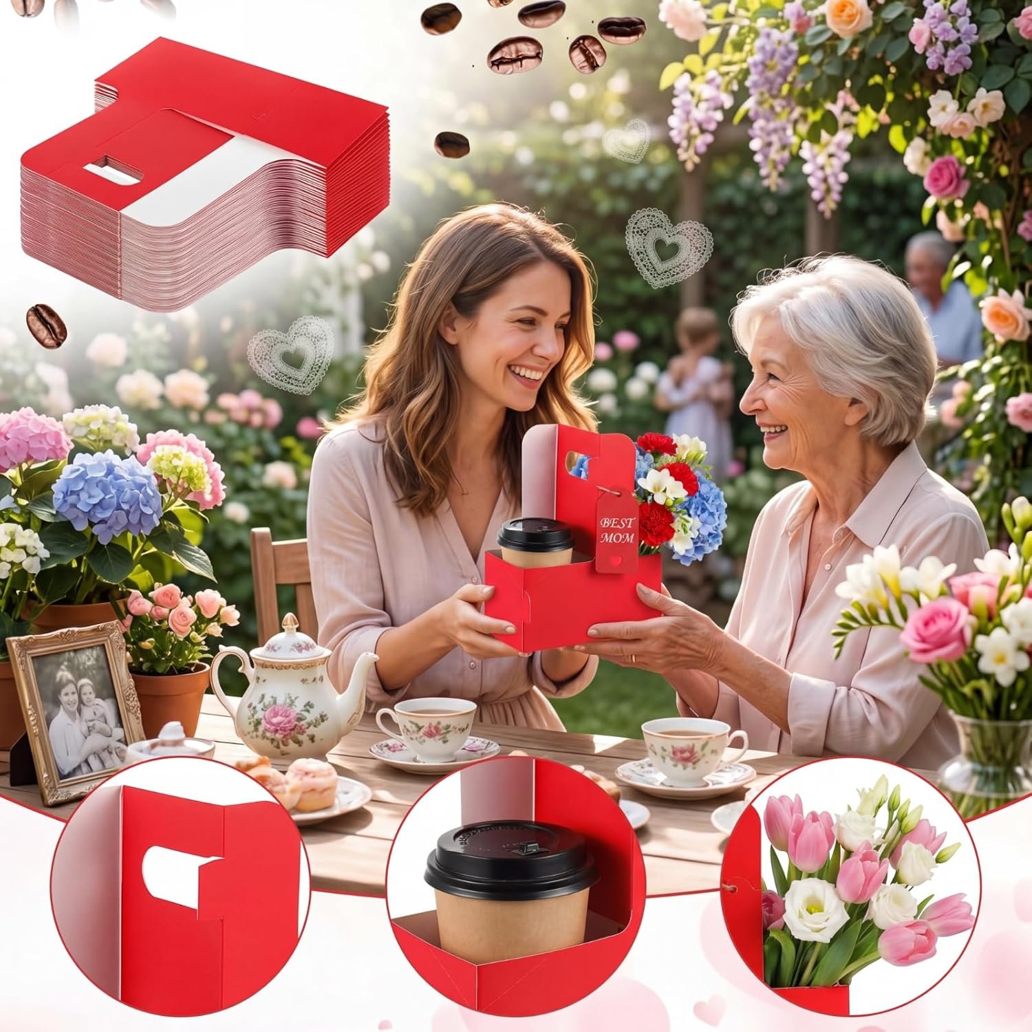 Marchio Bianco Confezione da 50 Portabevande per 2 Tazze con Manico in Cartone Kraft Portatile Logo Personalizzato per Festa della Mamma e degli Insegnanti Caffè Bevande Calde Fredde con Bigliettino Cuore Corda dal Fornitore Rosso