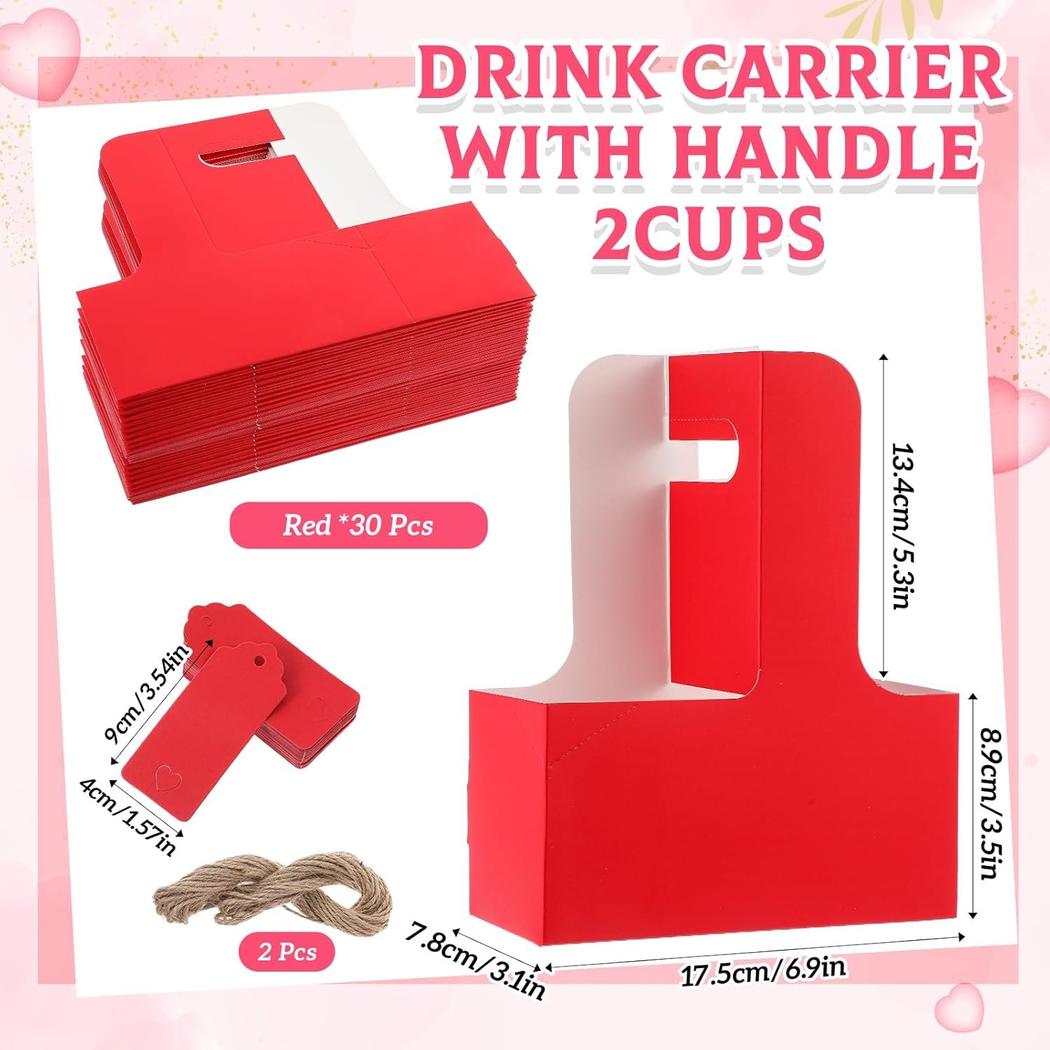 Marchio Bianco Confezione da 50 Portabevande per 2 Tazze con Manico in Cartone Kraft Portatile Logo Personalizzato per Festa della Mamma e degli Insegnanti Caffè Bevande Calde Fredde con Bigliettino Cuore Corda dal Fornitore Rosso