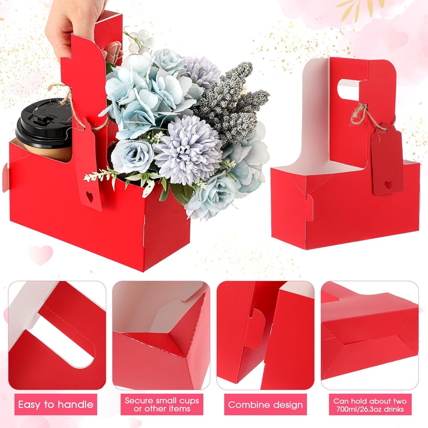 Marchio Bianco Confezione da 50 Portabevande per 2 Tazze con Manico in Cartone Kraft Portatile Logo Personalizzato per Festa della Mamma e degli Insegnanti Caffè Bevande Calde Fredde con Bigliettino Cuore Corda dal Fornitore Rosso