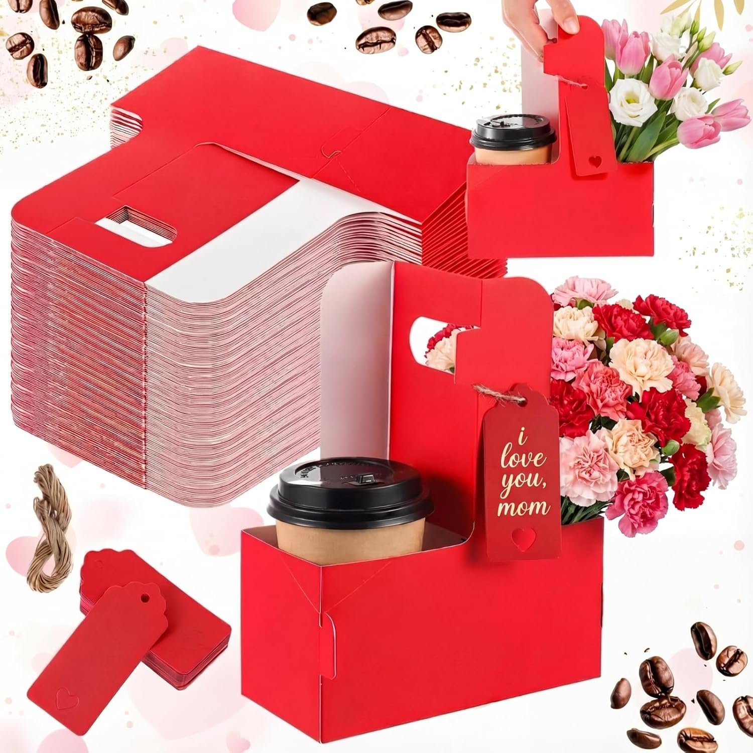 Marchio Bianco Confezione da 50 Portabevande per 2 Tazze con Manico in Cartone Kraft Portatile Logo Personalizzato per Festa della Mamma e degli Insegnanti Caffè Bevande Calde Fredde con Bigliettino Cuore Corda dal Fornitore Rosso