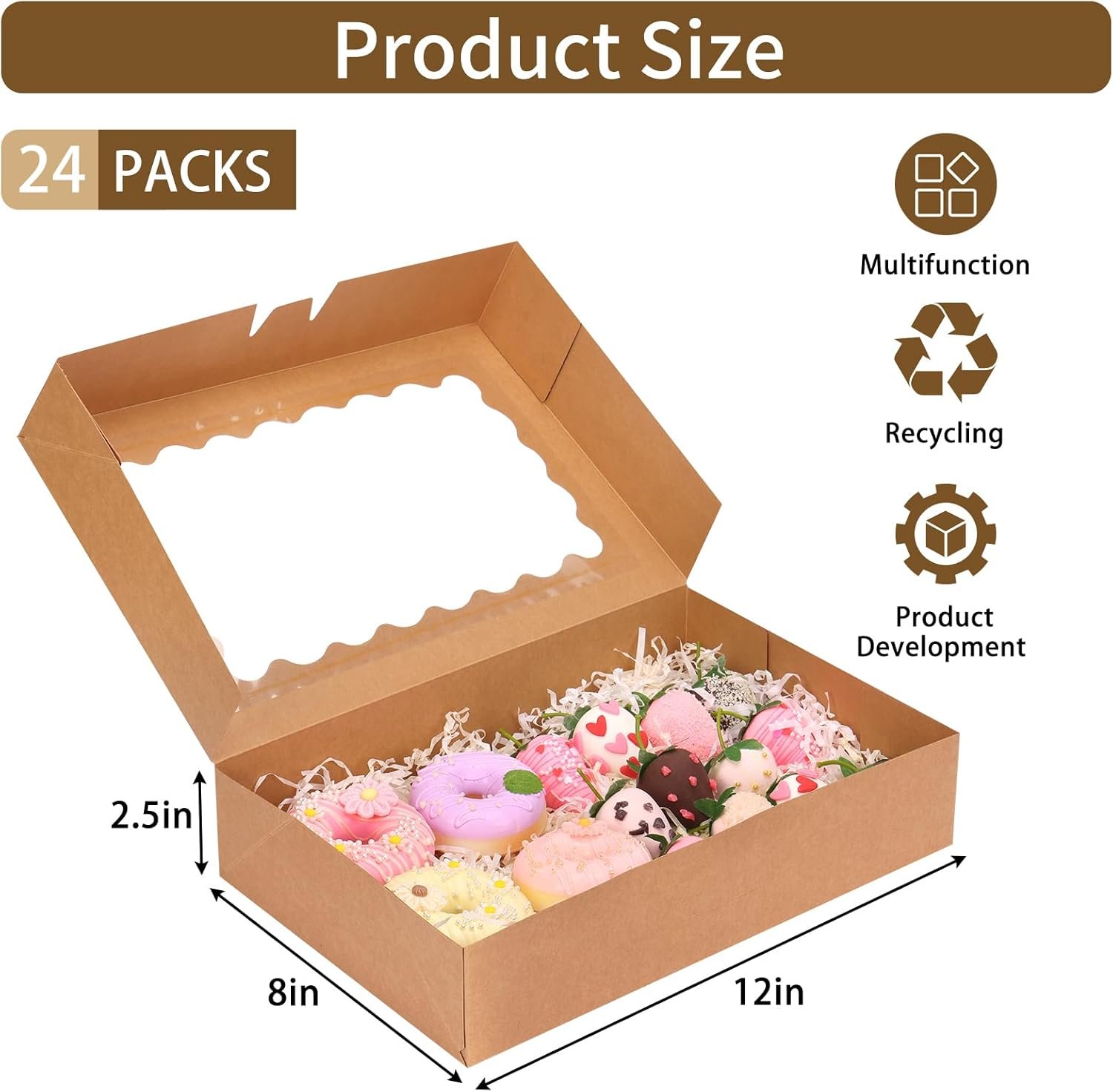 Fornitore Scatole Pasticceria con Finestra 24 Pezzi 12x8x2.5 Pollici Auto Popup per Biscotti Muffins Paste Logo Personalizzato Marchio Bianco Marrone