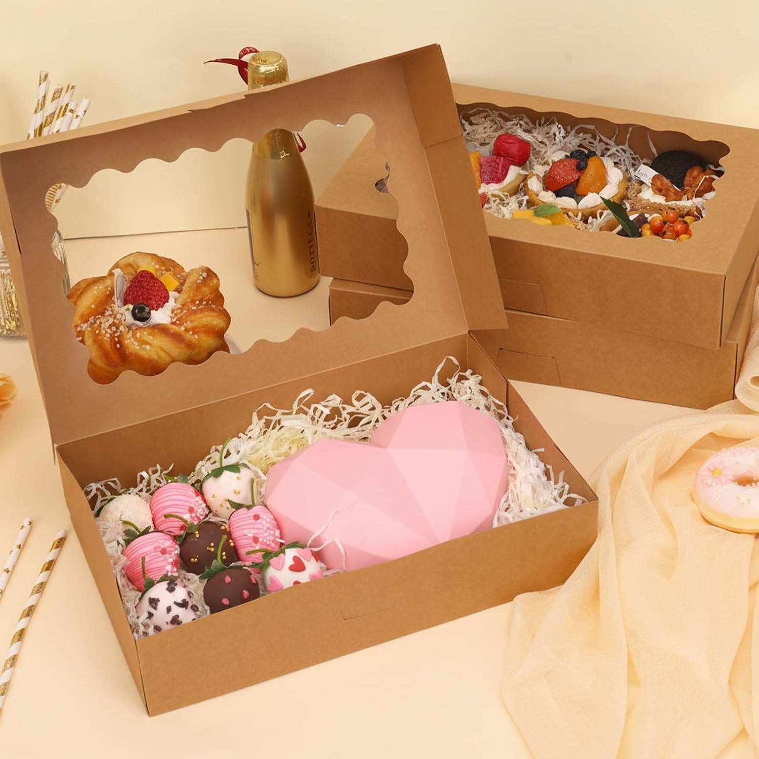 Fornitore Scatole Pasticceria con Finestra 24 Pezzi 12x8x2.5 Pollici Auto Popup per Biscotti Muffins Paste Logo Personalizzato Marchio Bianco Marrone
