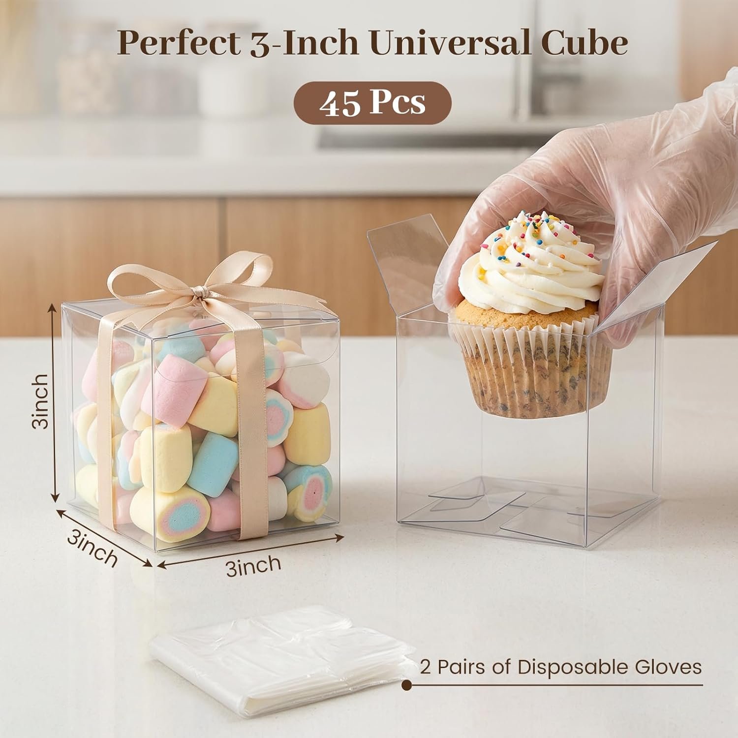 Fornitore 45 Scatole Cubo Trasparenti Grandi 3x3x3 Pollici Plastica con Logo Personalizzato per Caramelle Biscotti Mini Cupcakes Matrimoni Compleanni Baby Shower Marchio Bianco