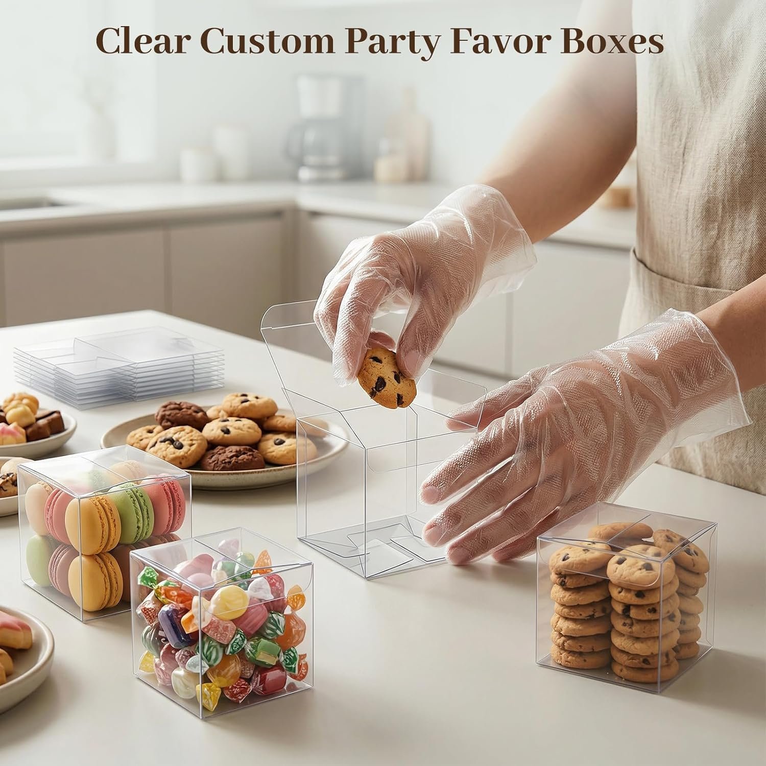 Fornitore 45 Scatole Cubo Trasparenti Grandi 3x3x3 Pollici Plastica con Logo Personalizzato per Caramelle Biscotti Mini Cupcakes Matrimoni Compleanni Baby Shower Marchio Bianco