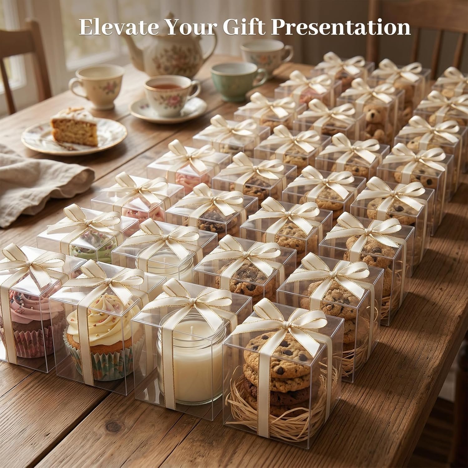 Fornitore 45 Scatole Cubo Trasparenti Grandi 3x3x3 Pollici Plastica con Logo Personalizzato per Caramelle Biscotti Mini Cupcakes Matrimoni Compleanni Baby Shower Marchio Bianco