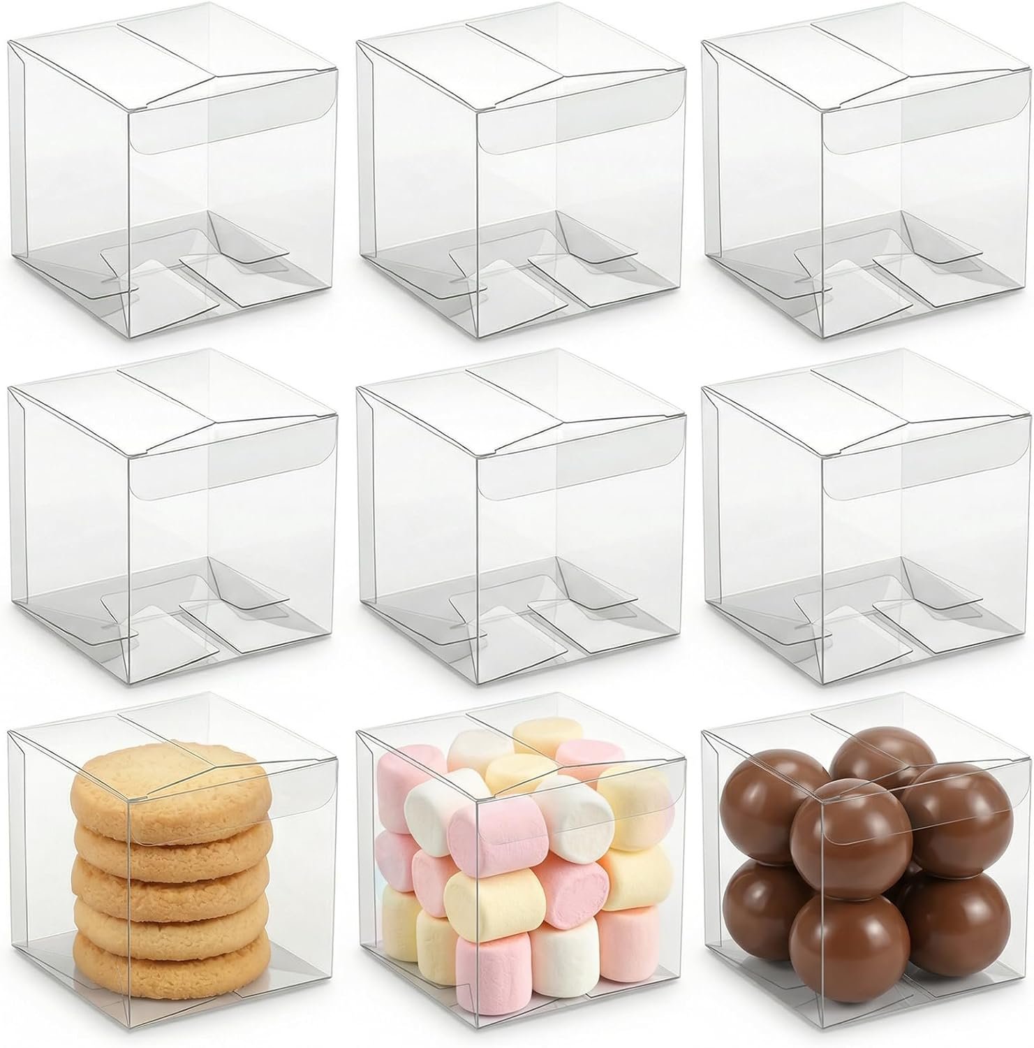 Fornitore 45 Scatole Cubo Trasparenti Grandi 3x3x3 Pollici Plastica con Logo Personalizzato per Caramelle Biscotti Mini Cupcakes Matrimoni Compleanni Baby Shower Marchio Bianco