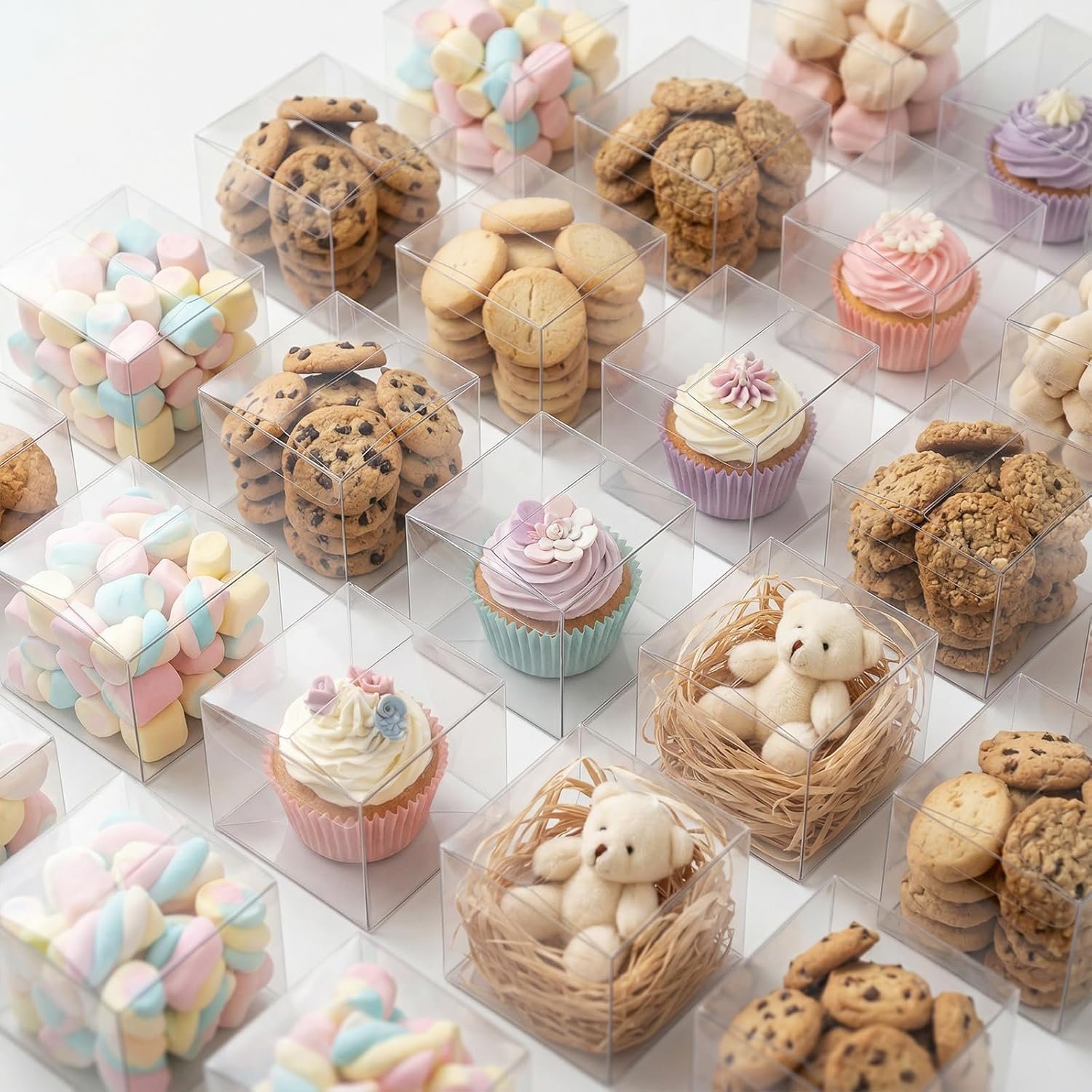 Fornitore 45 Scatole Cubo Trasparenti Grandi 3x3x3 Pollici Plastica con Logo Personalizzato per Caramelle Biscotti Mini Cupcakes Matrimoni Compleanni Baby Shower Marchio Bianco