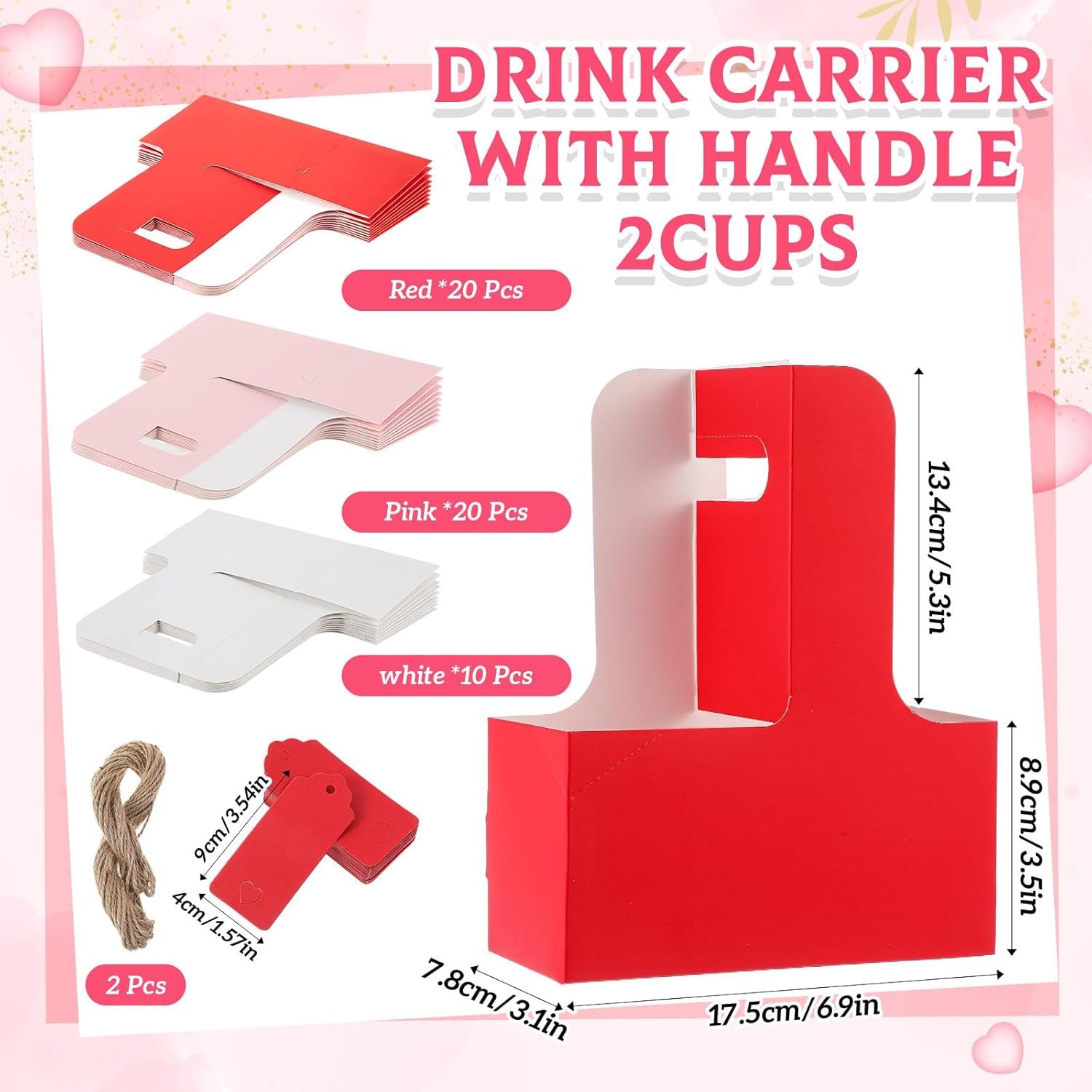 Logo Personalizzato Portabicchieri 2 Tazze con Manico Cartone Kraft Portatile per Bevande Calde Fredde con Carta Cuore Corda Marchio Bianco Confezione da 50 dal Fornitore (Bianco Rosa)