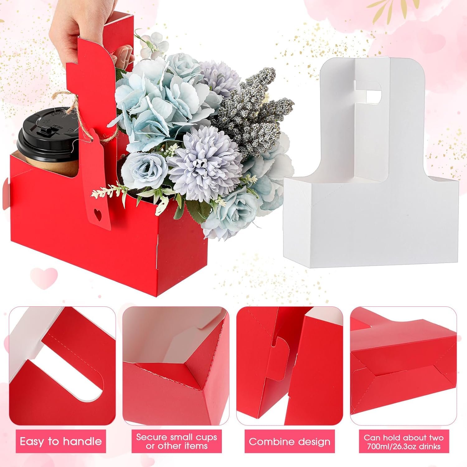 Logo Personalizzato Portabicchieri 2 Tazze con Manico Cartone Kraft Portatile per Bevande Calde Fredde con Carta Cuore Corda Marchio Bianco Confezione da 50 dal Fornitore (Bianco Rosa)