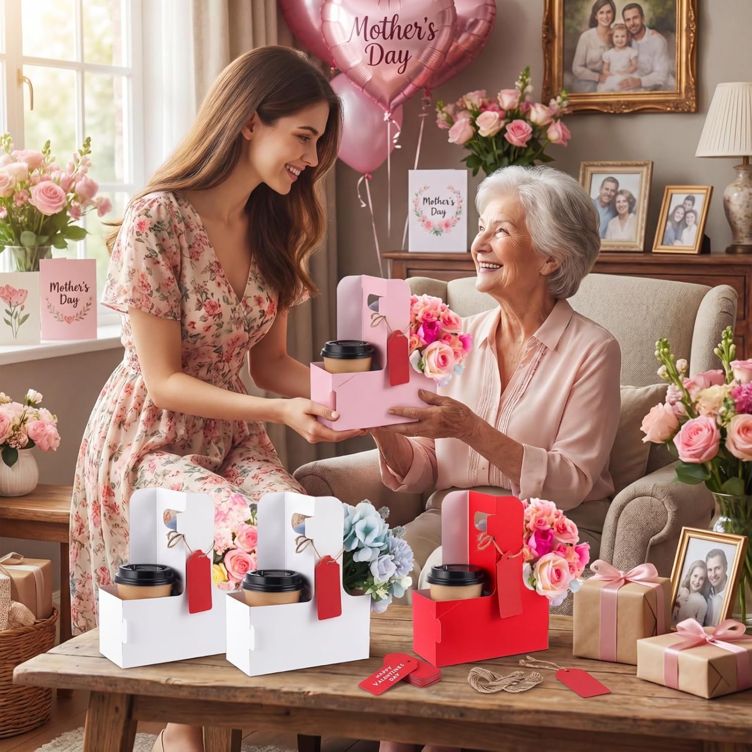 Logo Personalizzato Portabicchieri 2 Tazze con Manico Cartone Kraft Portatile per Bevande Calde Fredde con Carta Cuore Corda Marchio Bianco Confezione da 50 dal Fornitore (Bianco Rosa)