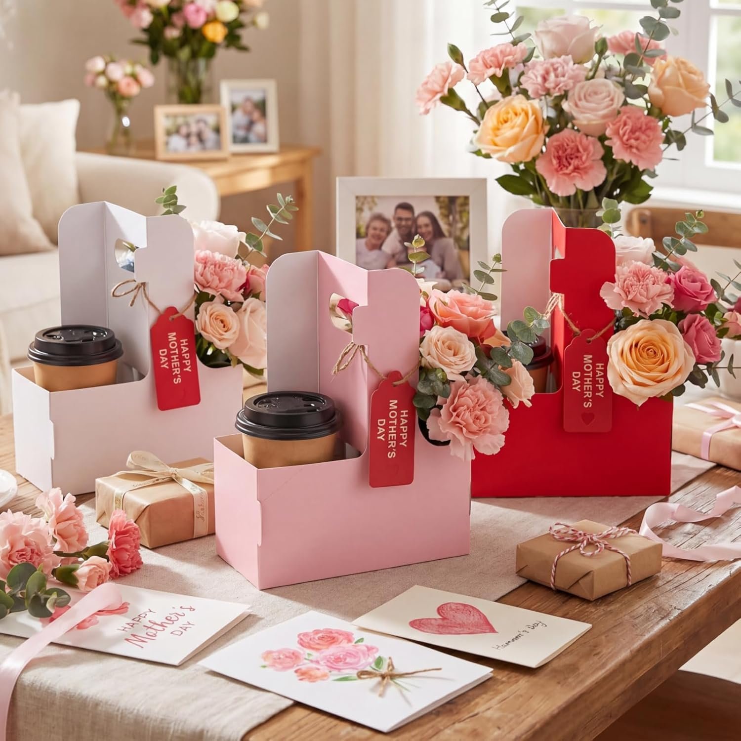 Logo Personalizzato Portabicchieri 2 Tazze con Manico Cartone Kraft Portatile per Bevande Calde Fredde con Carta Cuore Corda Marchio Bianco Confezione da 50 dal Fornitore (Bianco Rosa)