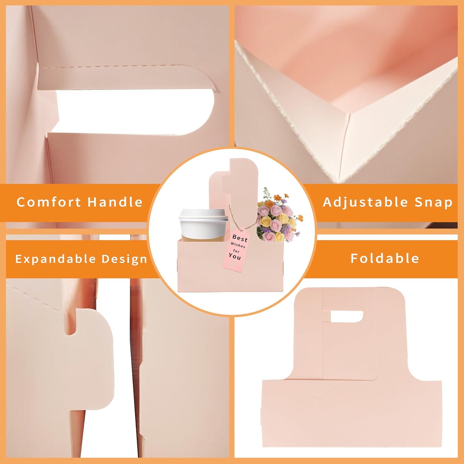 Portatazza 2 Tazze con Logo Personalizzato - Confezione 8 in Cartone con Maniglia dal Produttore per Bevande Calde Fredde Nastro e Biglietto Consegne Bouquet Rosa Marchio Bianco